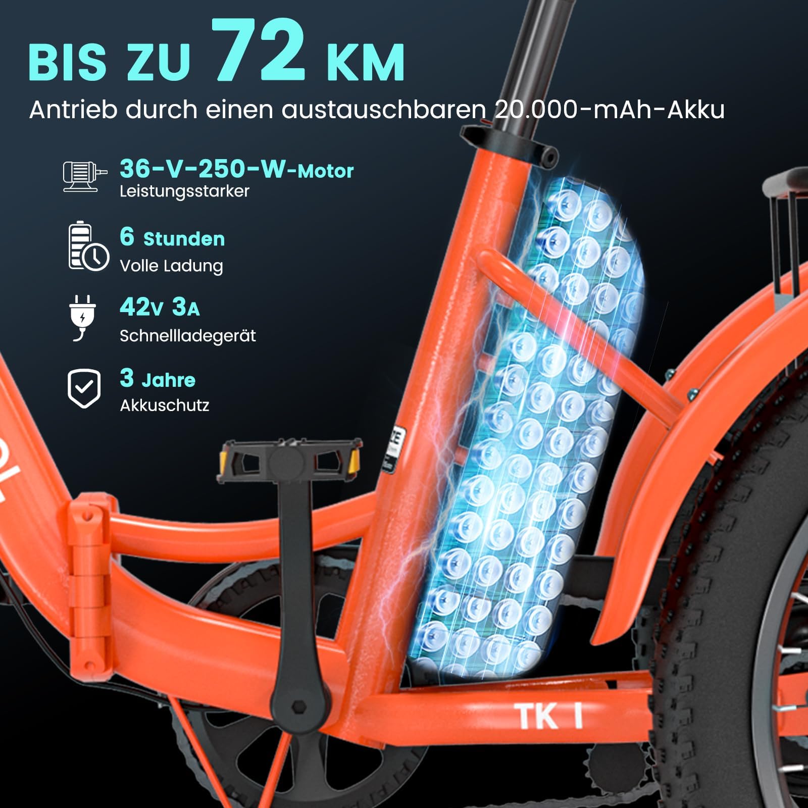 MOONCOOL E Bike Dreirad Klapprad, 20" Elektrofahrräder für Herren Damen, 36V 20AH Akku, 250W Motor 45 Nm, LCD-Display, IP65 Wasserdicht, 3 Fahrmodi, mit Großen Körben & Fußstützen