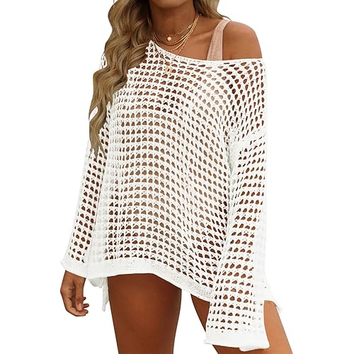 ZESICA Women's 2026 Summer Crochet Hollow Out Long Sleeve Beach Bikini Swimsuit Mesh Cover Up Tunic Top