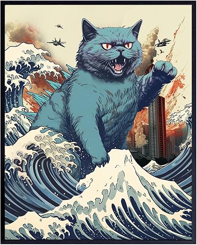 Vintage Funny Cat Wall Art & Decor - Catzilla Japanese Wall Art - The Great Wave off Kanagawa - Cute Cat Stuff - Cat Wall Decor - Cat Mom, Cat Gift,