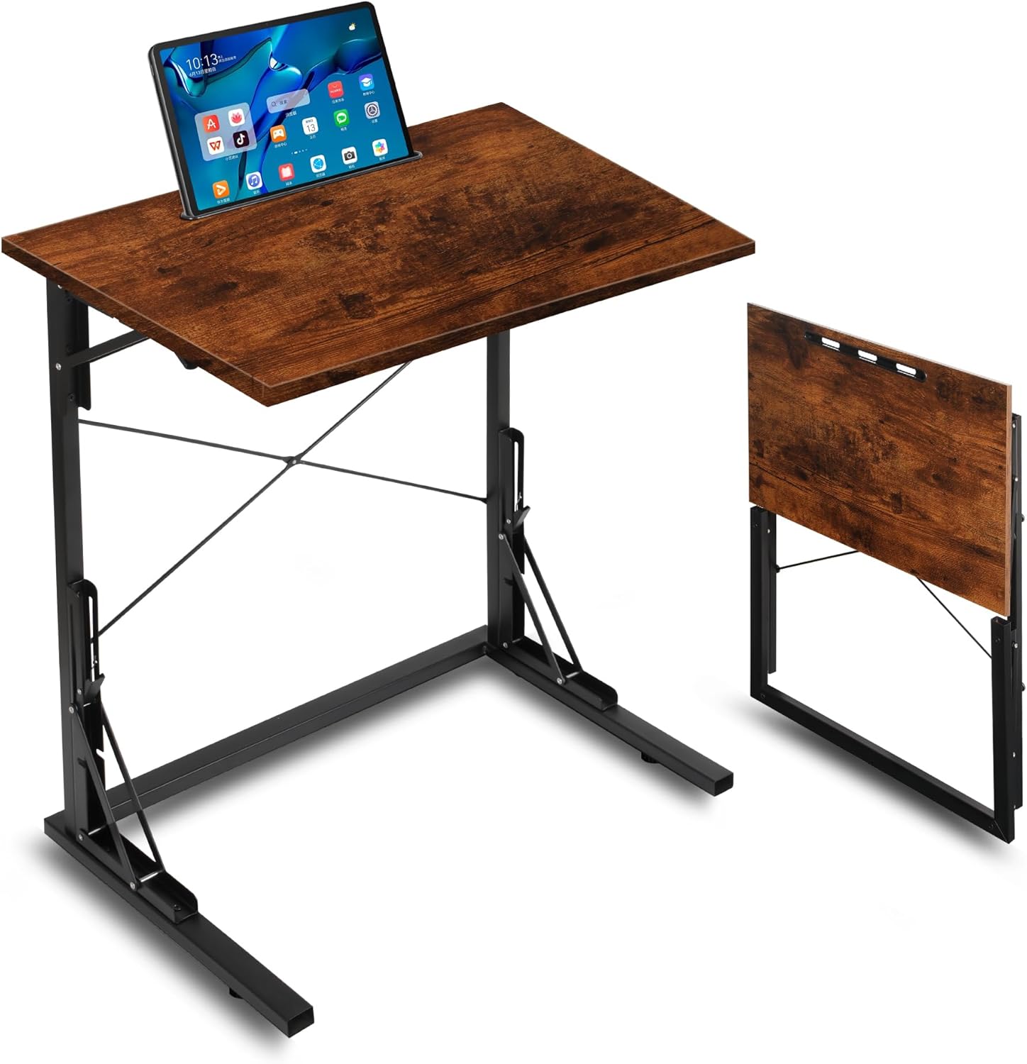 24 inch Foldable TV Tray Table, Foldable Portable C-Shaped Sofa end Table, Oversized Sofa Side Laptop Desk, Suitable for Living Room and Bedroom (2, Rustic Brown)