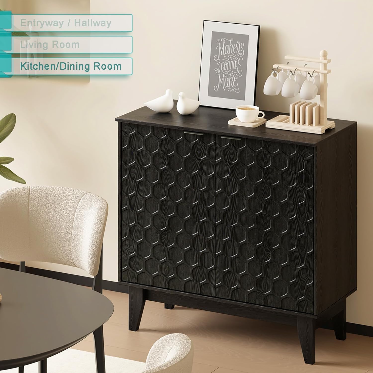 31.5” Sideboard Buffet Credenza Storage Cabinet, Small Black Accent Console Cabinet with Doors and Led Lights for Living Room, Kitchen