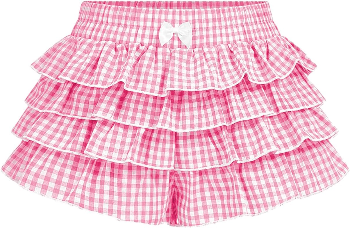 BEAUDRM Women's Gingham Summer Shorts Cute Going Out Brunch Outfits Ruffle Bloomers Y2K Mini Micro Shorts