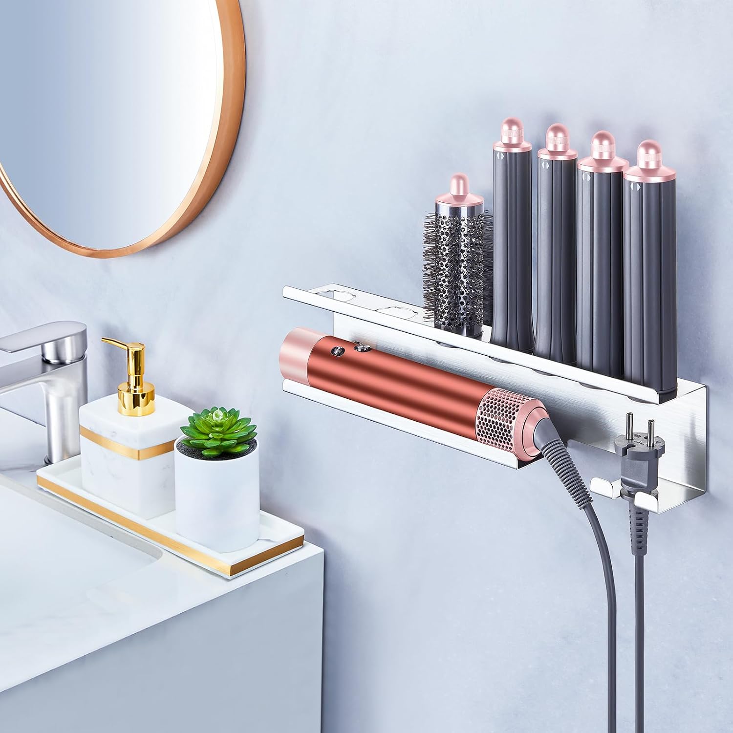 Hair Dryer Holder Wall Mount for Curling Iron Accessories, 7 in 1 Styler Attachments, Silver Curling Iron Holder Wall Mount, Adhesive Hair Straightener Holder for Bathroom