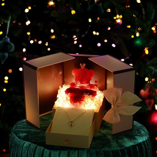 Miniatura 2 de digi marker Rosas preservadas osito musgo con 100 collares "I Love You", regalos para mujeres, novia, mamá, esposa, abuela en cumpleaños, Pascua,