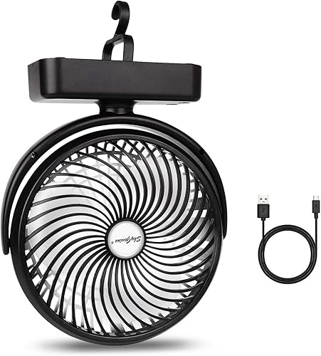 SkyGenius Ventilador de camping de 7 pulgadas con linterna LED, batería recargable de 5000 mAhventilador operado por USB con gancho para colgar para