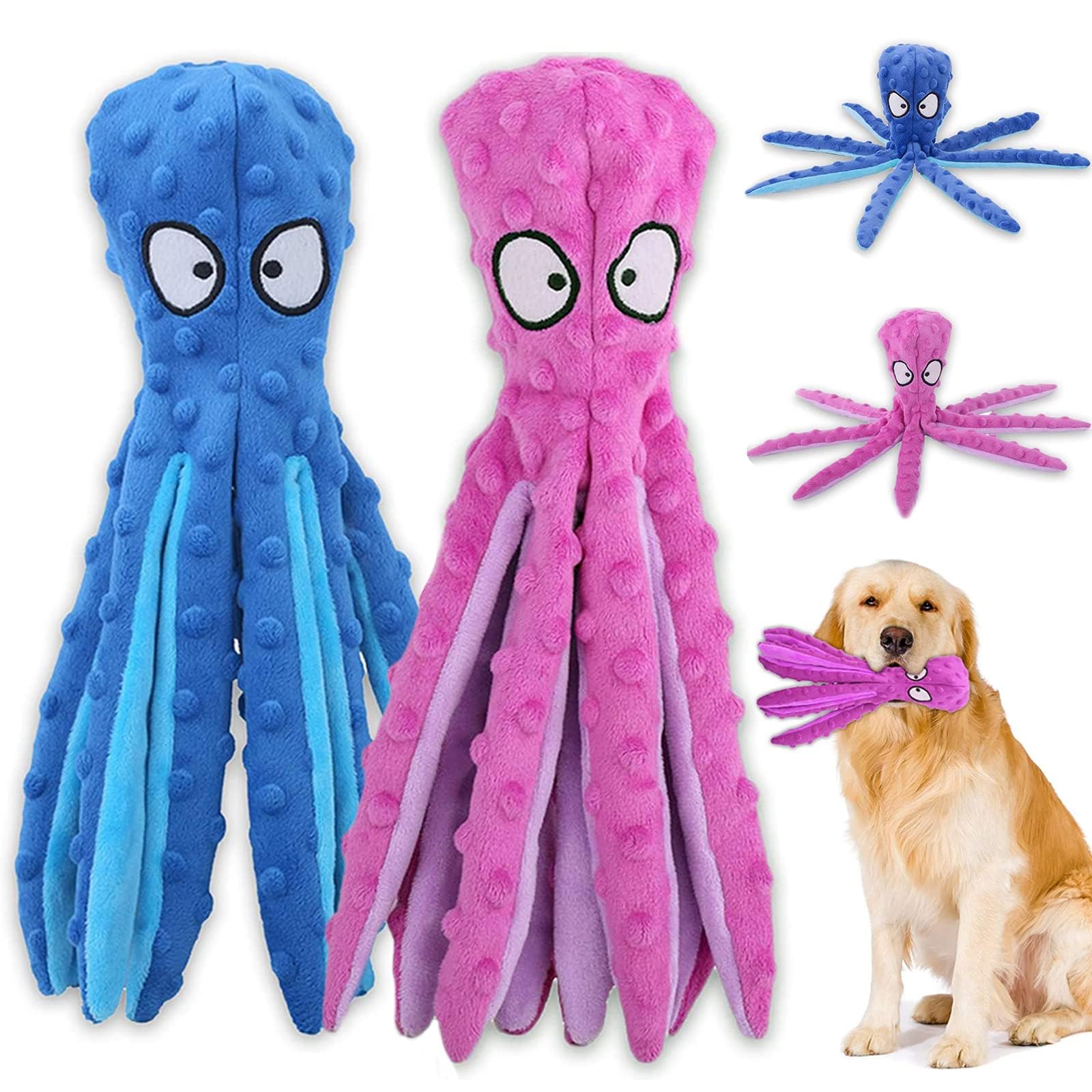 Acehome 2 Pcs Squeaky Dog Interactive Play Toy,No Stuffing Octopus Dog Chew Toy with Crinkle Paper for Medium and Large Dog Playing(Purple+Blue)