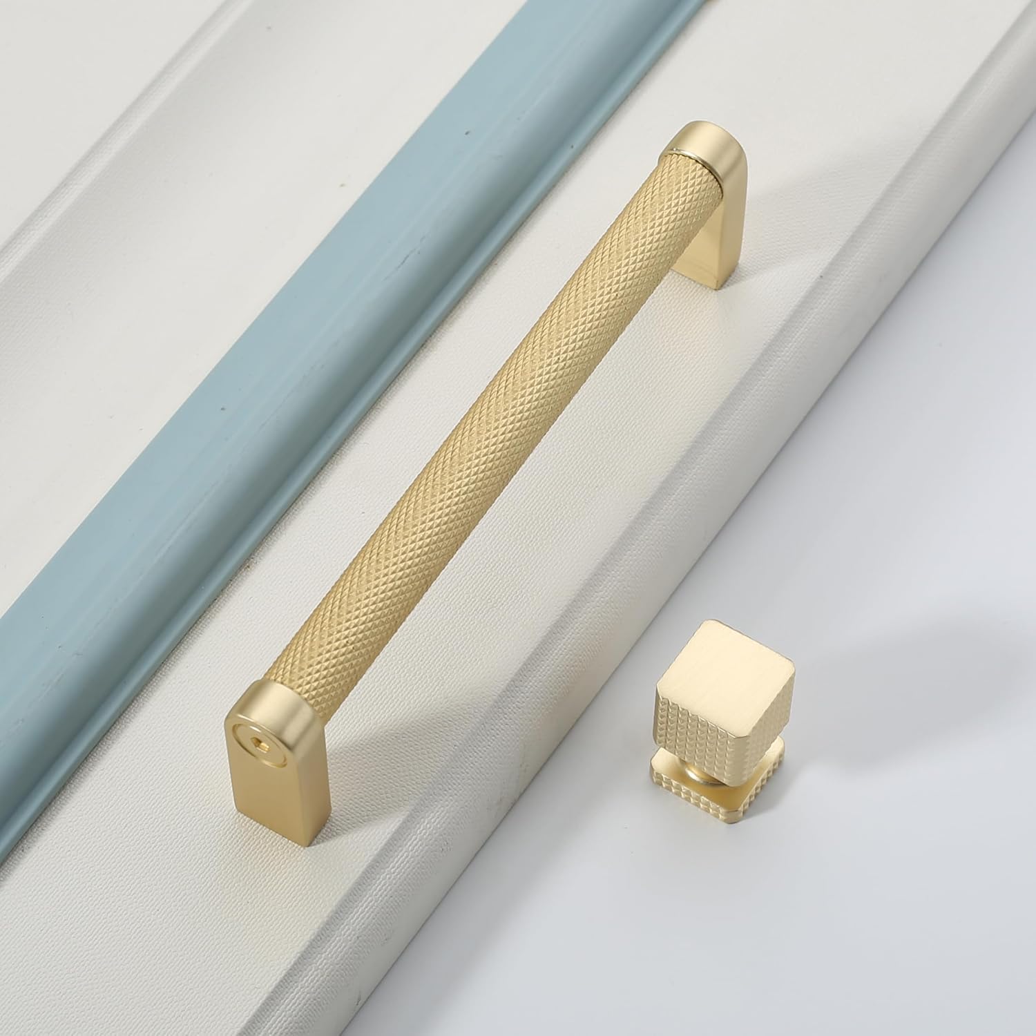 9BUILD 10 Pack 1.1 Inch Brushed Gold Cabinet Knobs Knurled Kitchen Cabinet Knobs Square Kitchen Knobs for Cabinets Gold Drawer Knobs Brass Dresser Knobs