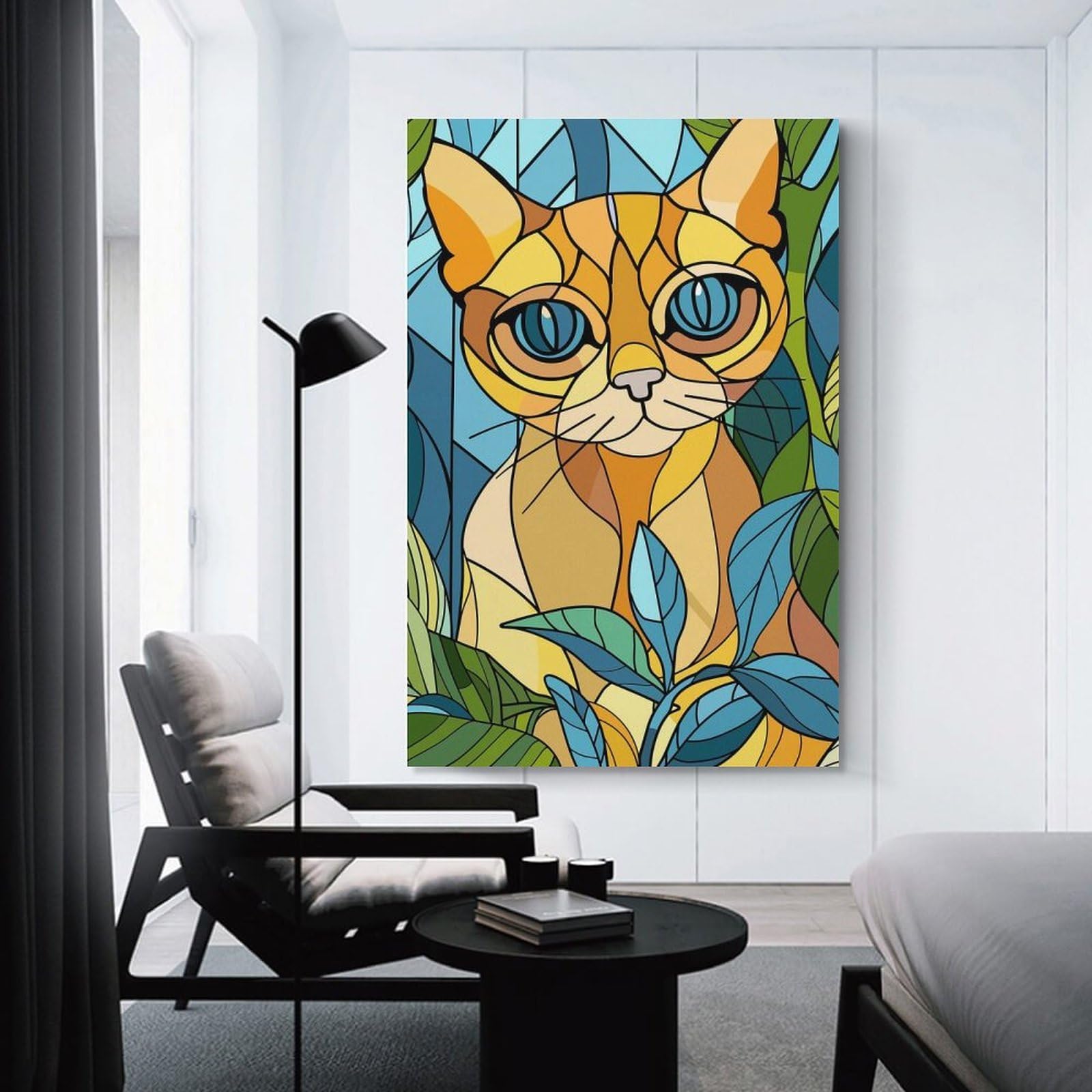 Junmoney Unframe-Style-11 Stained Glass Cat Among Leaves Home Decor Wall Art, 16X24inch(40X60cm), For Wall Displays, Bedrooms Or Room Updates, Ideal For Building A Coordinated Art Wall