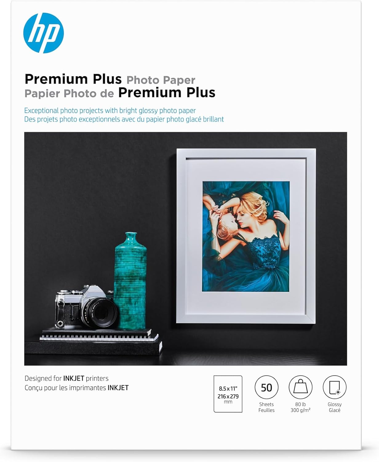 HP Premium Plus Photo Paper, Glossy, 8.5×11 in, 50 sheets (CR664A), White, Pack 1