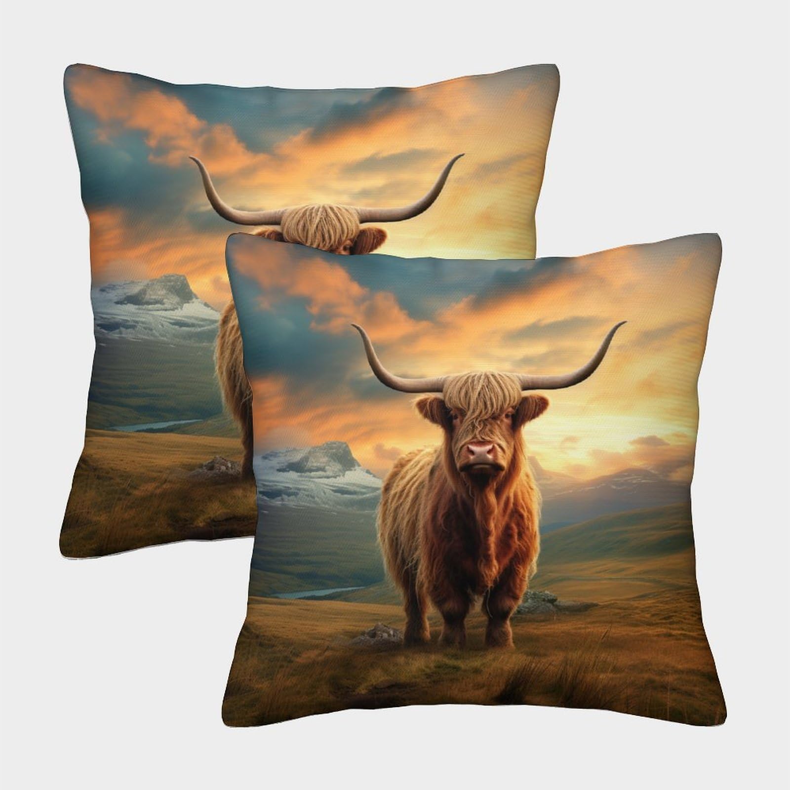 MEFESE 3D Printed Highland Cattle Throw Pillow Covers Highland Cow Pillow Case Cushion Garden Cushion Super Soft Pack of 2 Home Decor for Sofa Bedroom 50x50cm