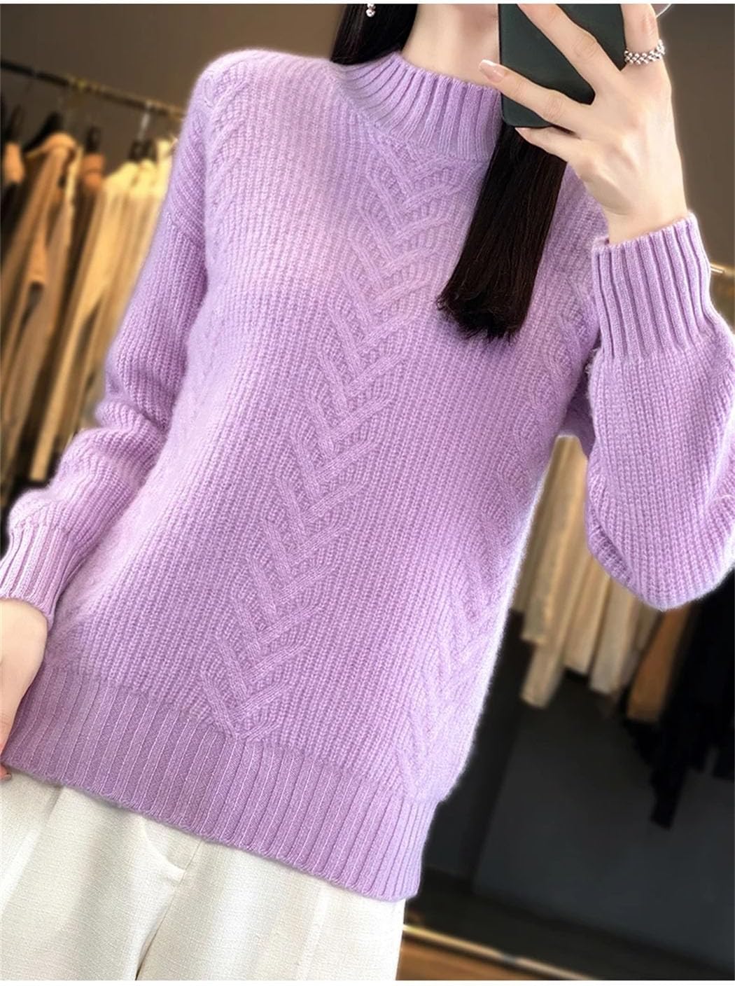 Women's 100% Wool Sweater Mock Neck Twisted Knitted Soft Pullover Winter Thicked Warm Comfortable Base Shirts