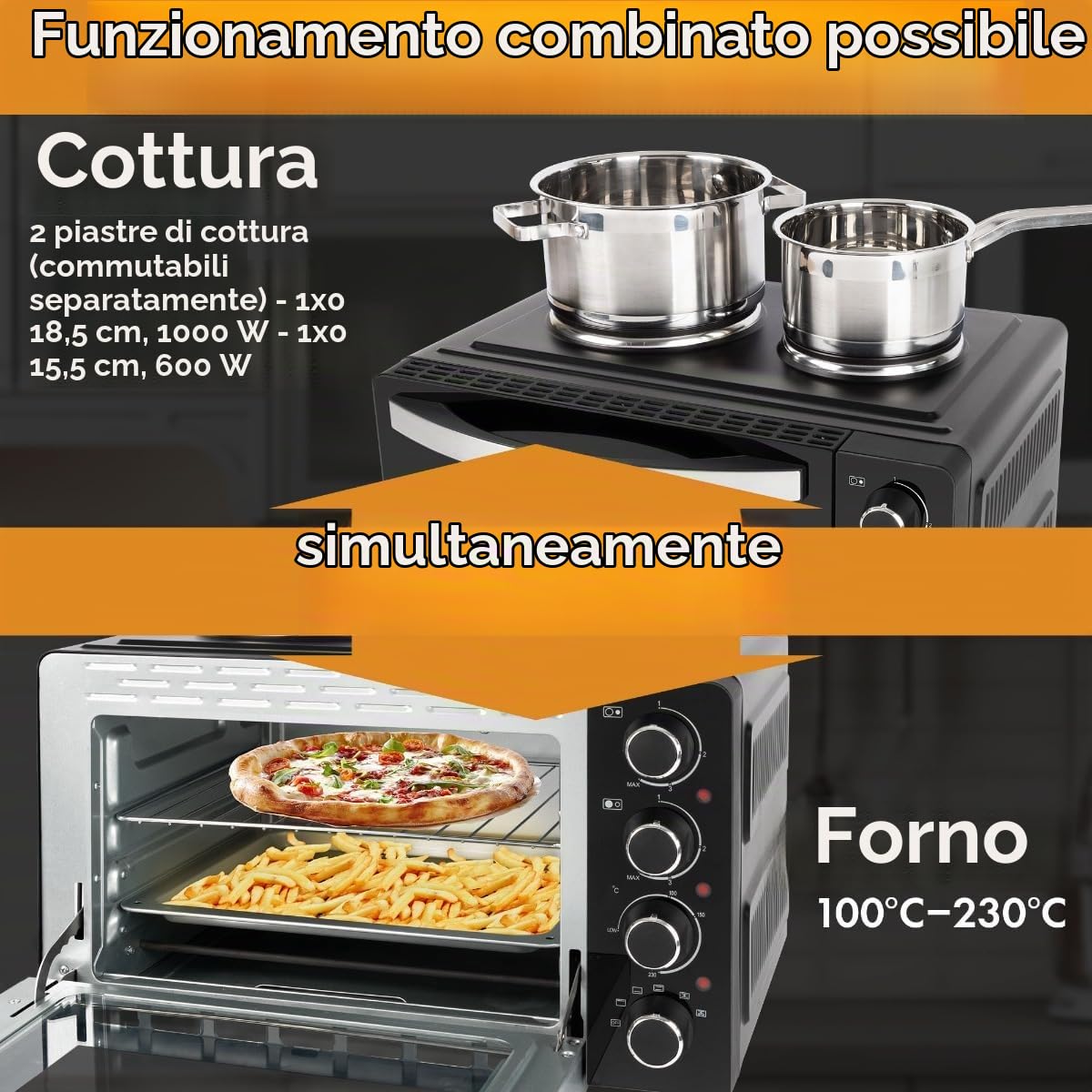 Clatronic® Mini forno con piastre e spiedo rotante - cottura e cottura simultanea - 28L convezione calore superiore/inferiore 100°-230°C, mini forno elettrico 3100 Watt incl. accessori - KK 3786