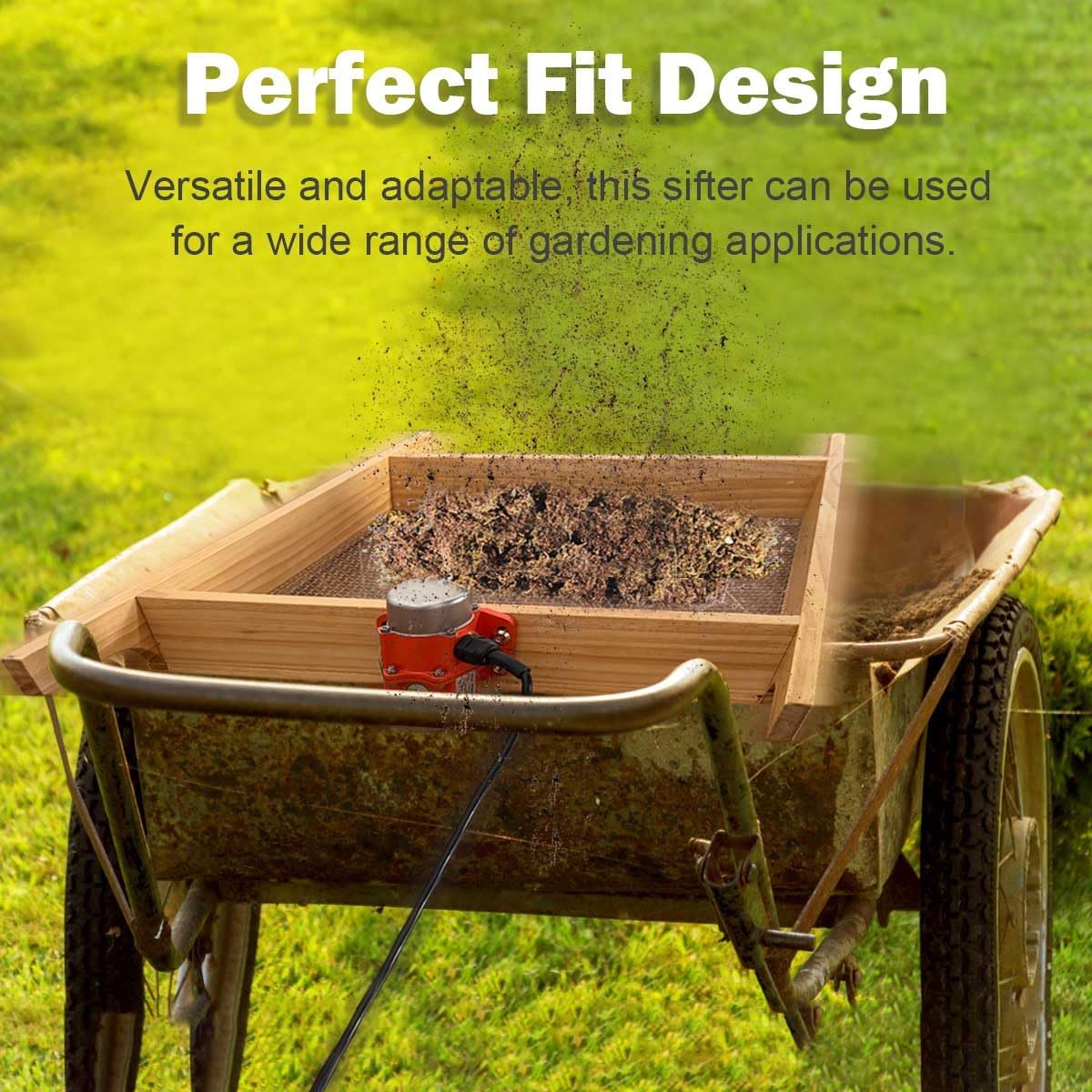 Vibrating Motor Soil Screen, Stainless Steel Mesh Sifter, Automatic Wooden Sifting Screen, Sieve for Sand Rocks Dirt Compost to Fit Most Garden Yard Wheelbarrow Carts