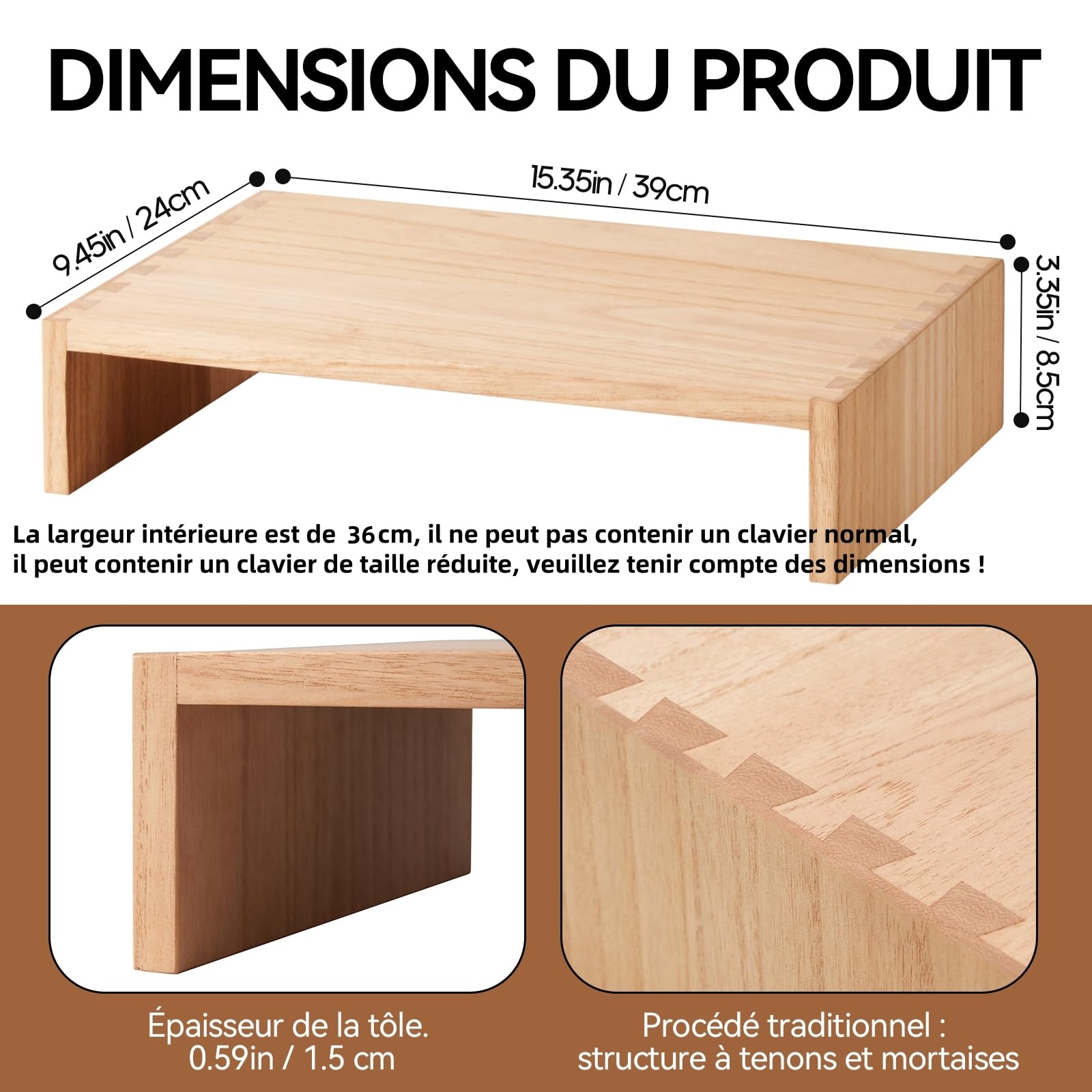 KIRIGEN Support d’écran en bois, rehausseur PC, 39 x 24 x 8,5 cm, naturel | Paulownia massif, fait main, livré monté, tenon-mortaise, charge max. 20 kg, huile végétale, 4 patins antidérapants