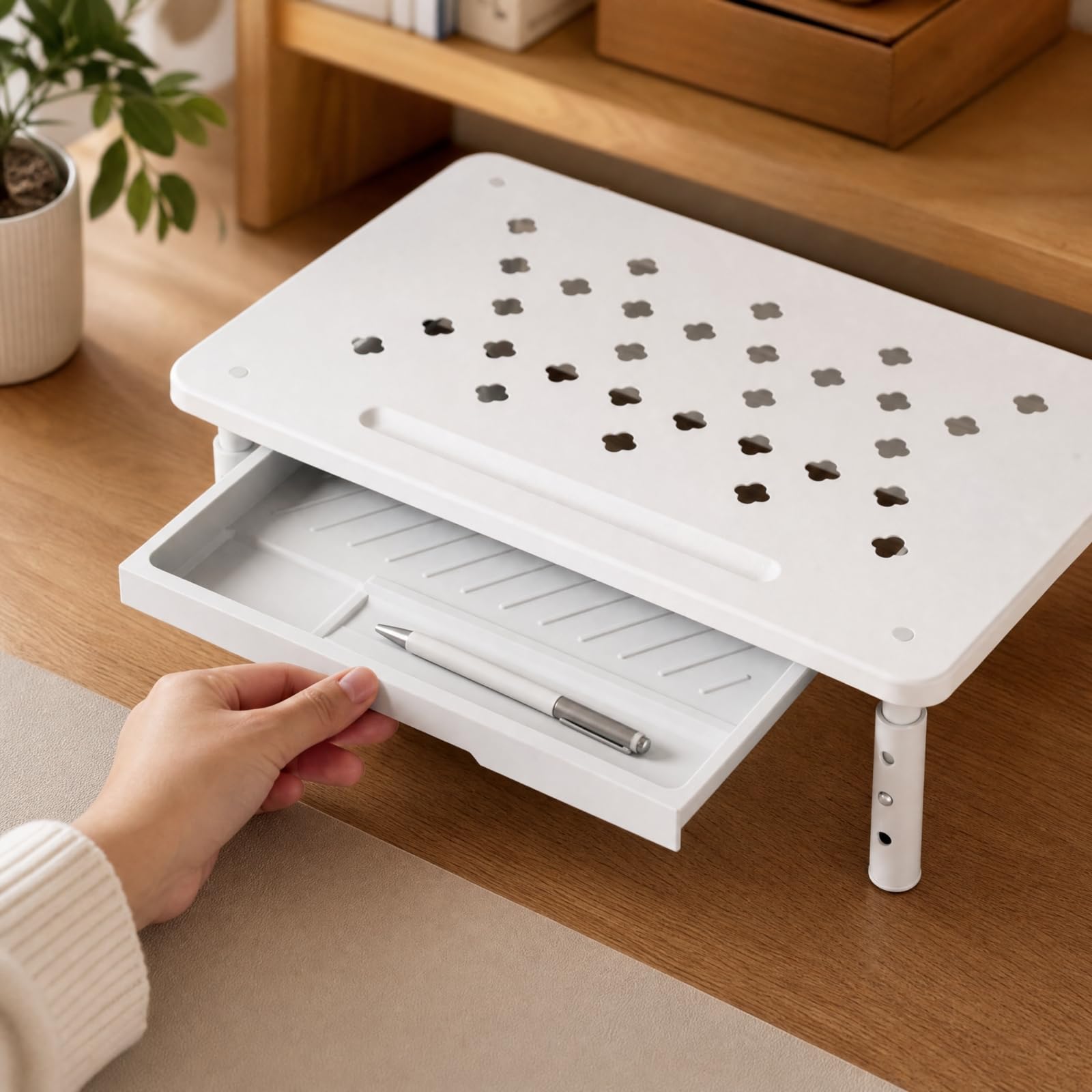 Amagogo Soporte Pantalla Escritorio con Cajón Ahorra Espacio Elevador Ajustable Escritorio Multifuncional Base Elevadora con Cajón Extraíble, Negro