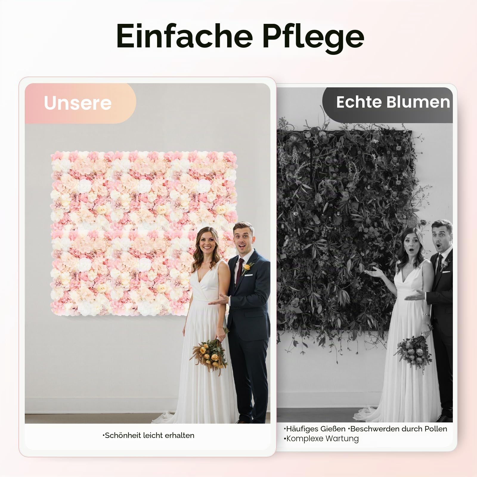 Künstliche Blumen Wand Kunstblumen Blumenwand 6 Stück Realistische Seidenblumen Gesteck mit Hortensien Rosen Dahlien für Hochzeit Dekoration Party Hintergrund Balkon Garten Innen Außen, DIY, 60x40 cm