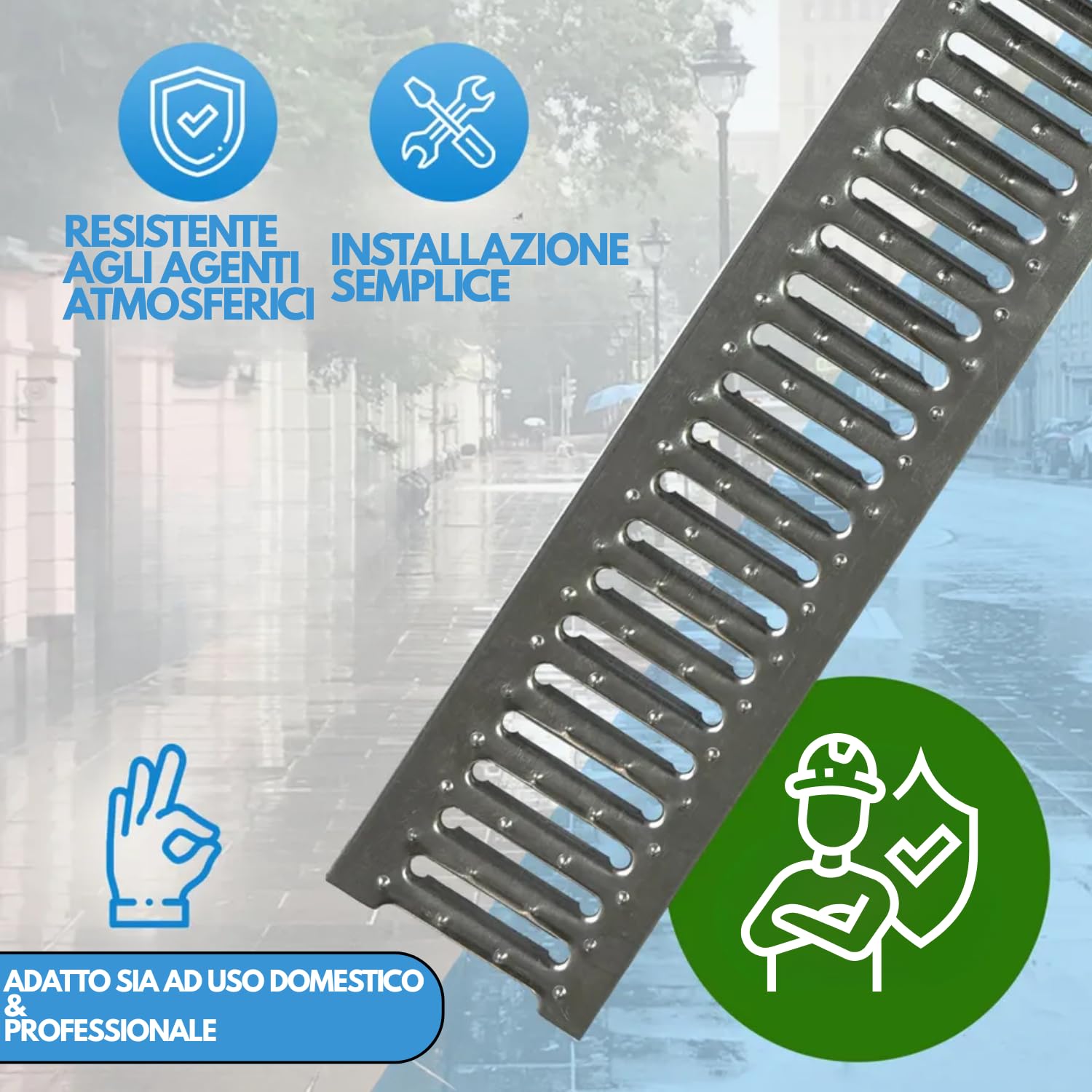 Griglia Zincata per Canaletta A15 Calpestabile 100 x 10,2 x 1,3 cm Scolo Drenaggio Acque Pedonabile Uso Domestico Professionale