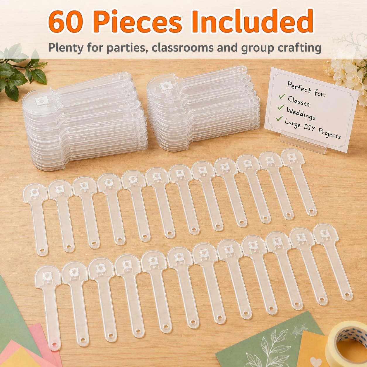 60PCS Clear Fan Handles, 5 Inch Plastic Sticks for DIY Hand Fans