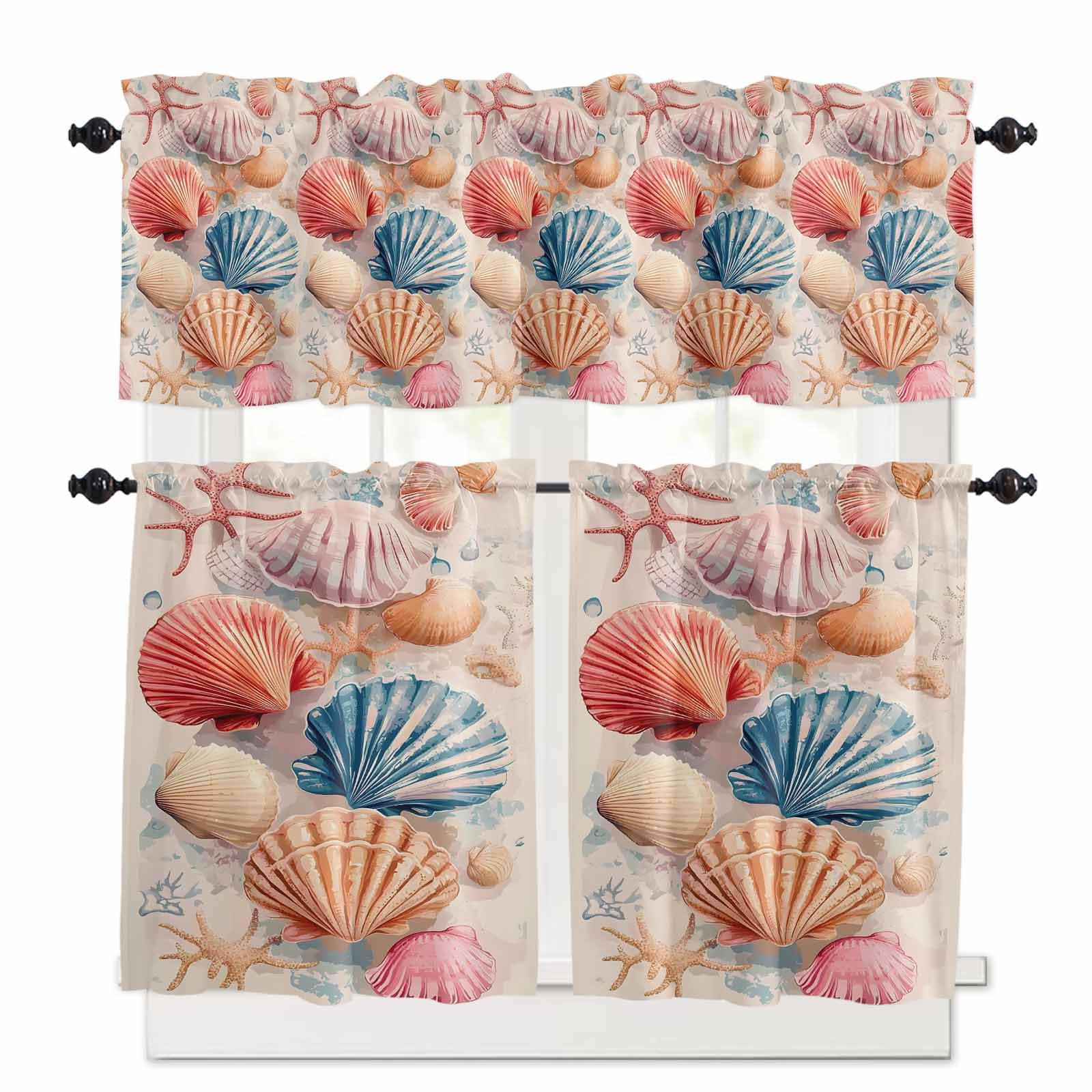 Coastal Kitchen Curtains 36 Inch Length, 3 Piece Rod Pocket Small Half Tiers and Valance Set, Summer Beach Nautical Shell Starfish Small Large Window Treatment Decor for Bedroom/Bathroom Sink