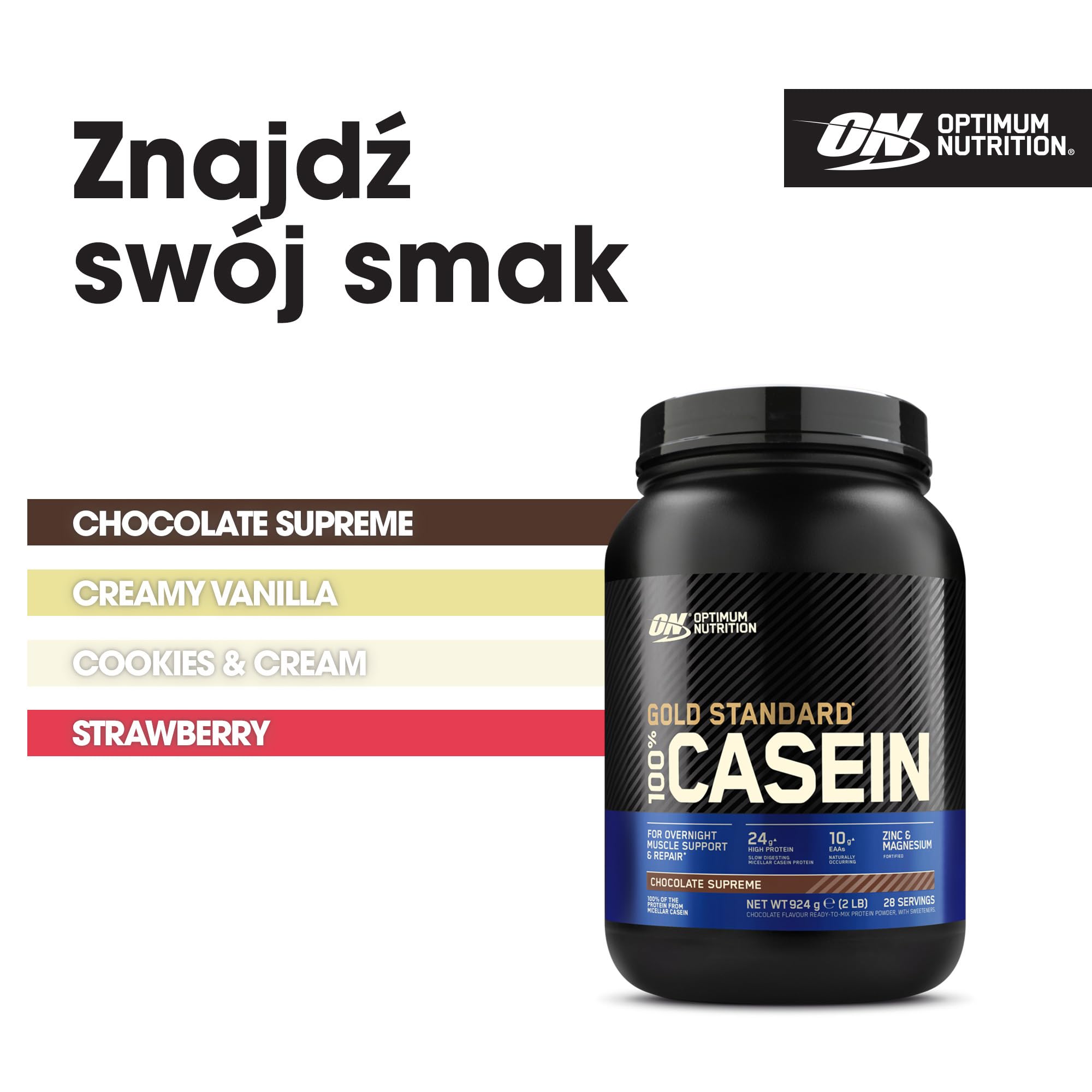 Optimum Nutrition Gold Standard 100% Casein Wolno przyswajalna odżywka na noc z cynkiem, magnezem i aminokwasami, wspomagająca wzrost i odbudowę mięśni, smak Chocolate Supreme, 28 porcji, 924 kg