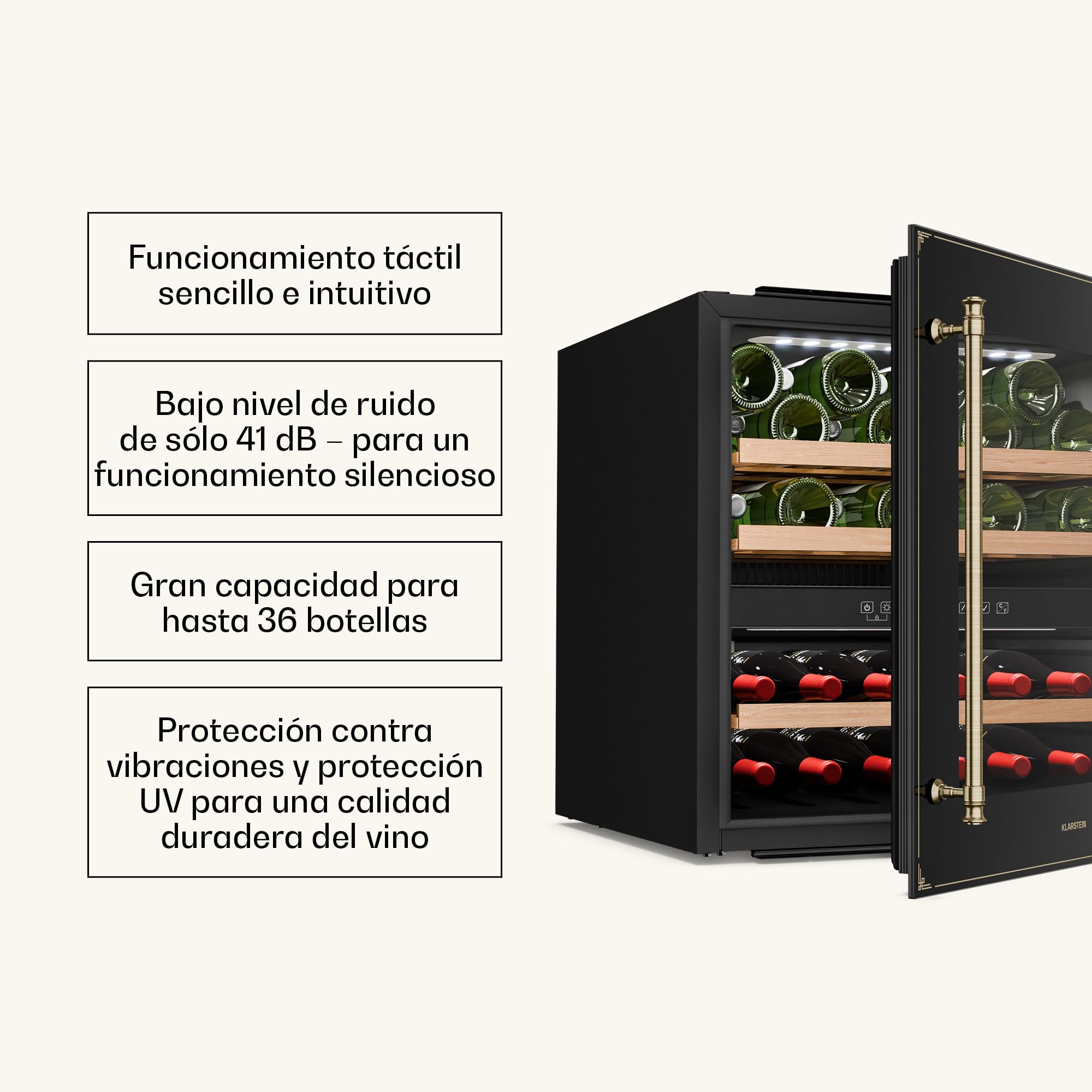 Klarstein Vinsider Victoria 36 Vinoteca - 36 Botellas, 2 Zonas, 5-22°C, Control Táctil, Iluminación LED, Protección UV, Integrado, Negro