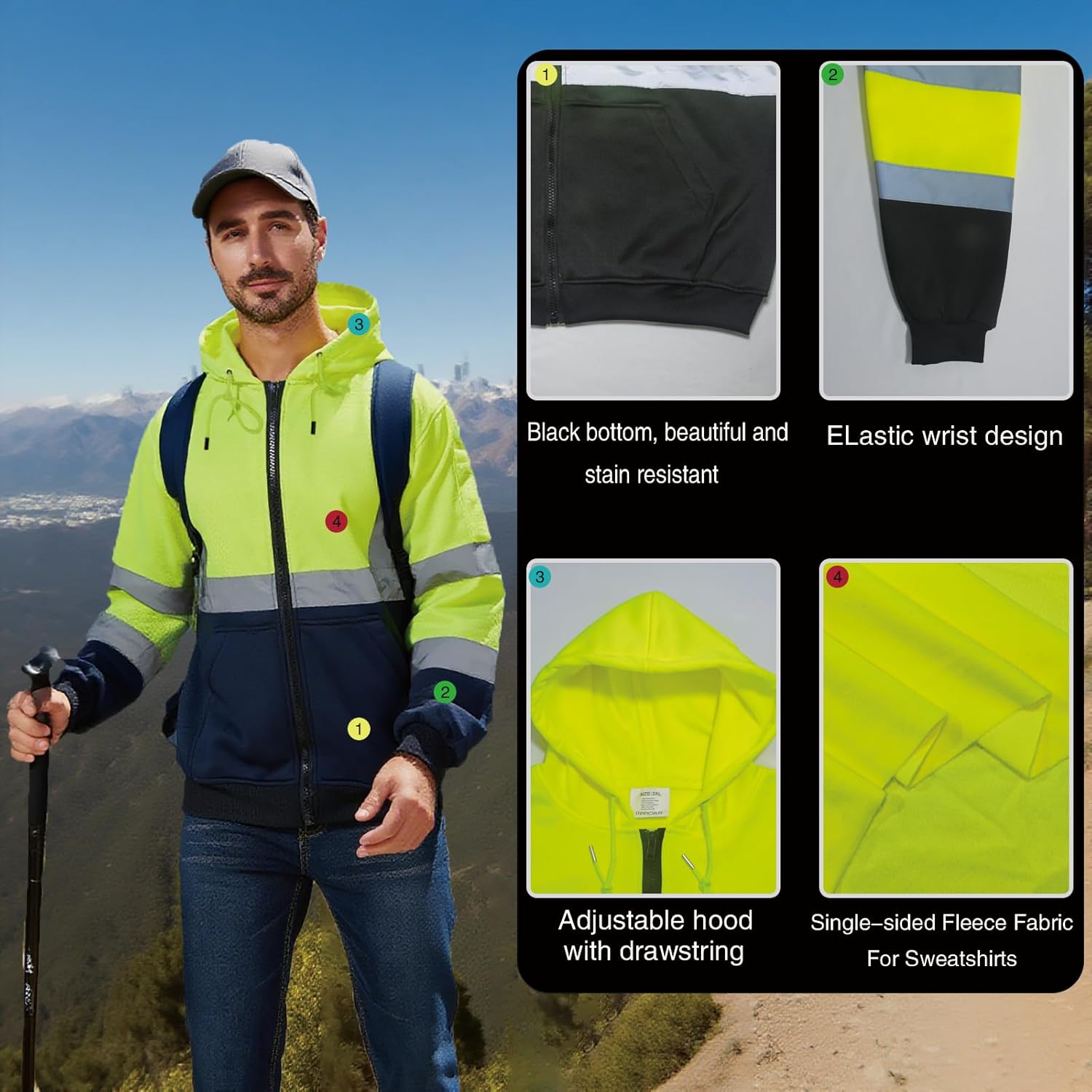 High Visibility Safety Hoodie, Reflective Workwear Sweatshirt, Neon Yellow and Black, Zip-Up - Image 4