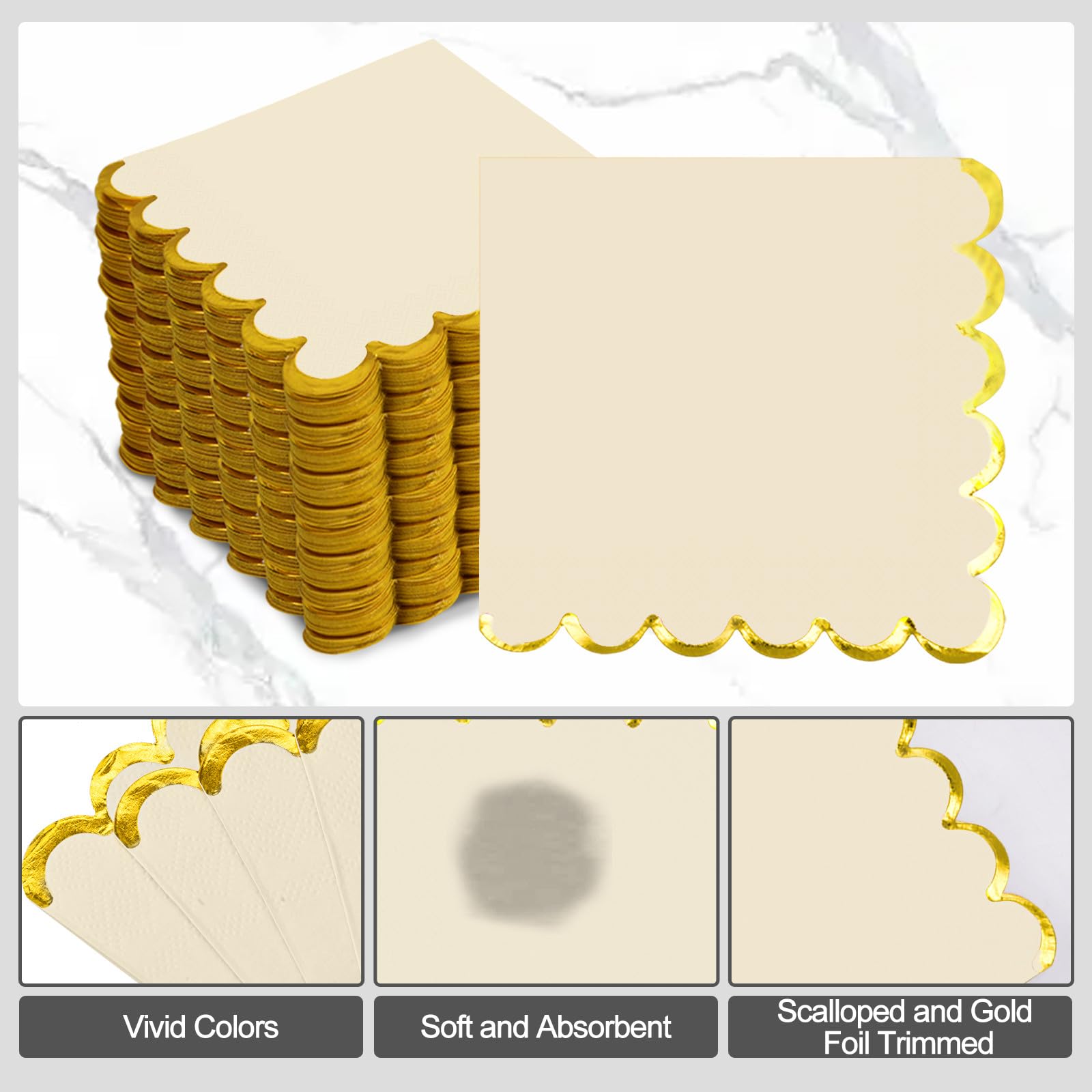 Paquete de 200 servilletas de papel beige y dorado, servilletas de cóctel festoneadas, servilletas desechables para cumpleaños, baby shower, boda, fiesta, vajilla, decoración de vajilla