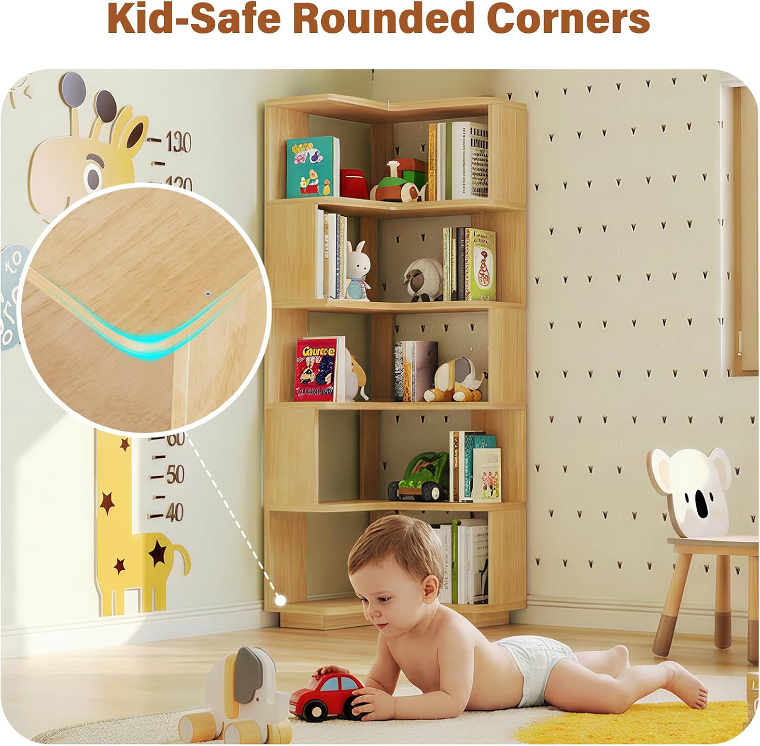 CozyDH Corner Book Shelf, 5 Tier Corner Bookshelf Etagere Bookcase with Baffle, Freestanding L Shaped Display Shelf Stand for Home Office, Living Room, Bedroom, Kitchen, Natural