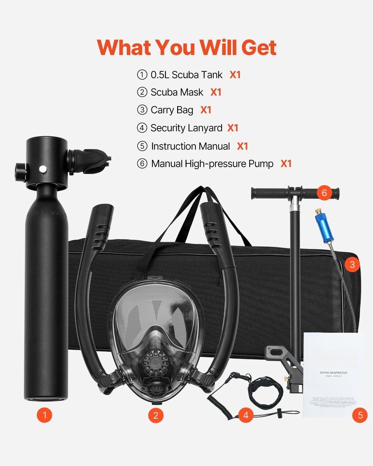 Mini Scuba Tank 0.5L with Snorkel Mask, Portable Diving Oxygen Cylinder for 5-10 Minutes, 32 ft Max Depth, Aviation Grade Aluminum for Underwater Exploration & Emergency