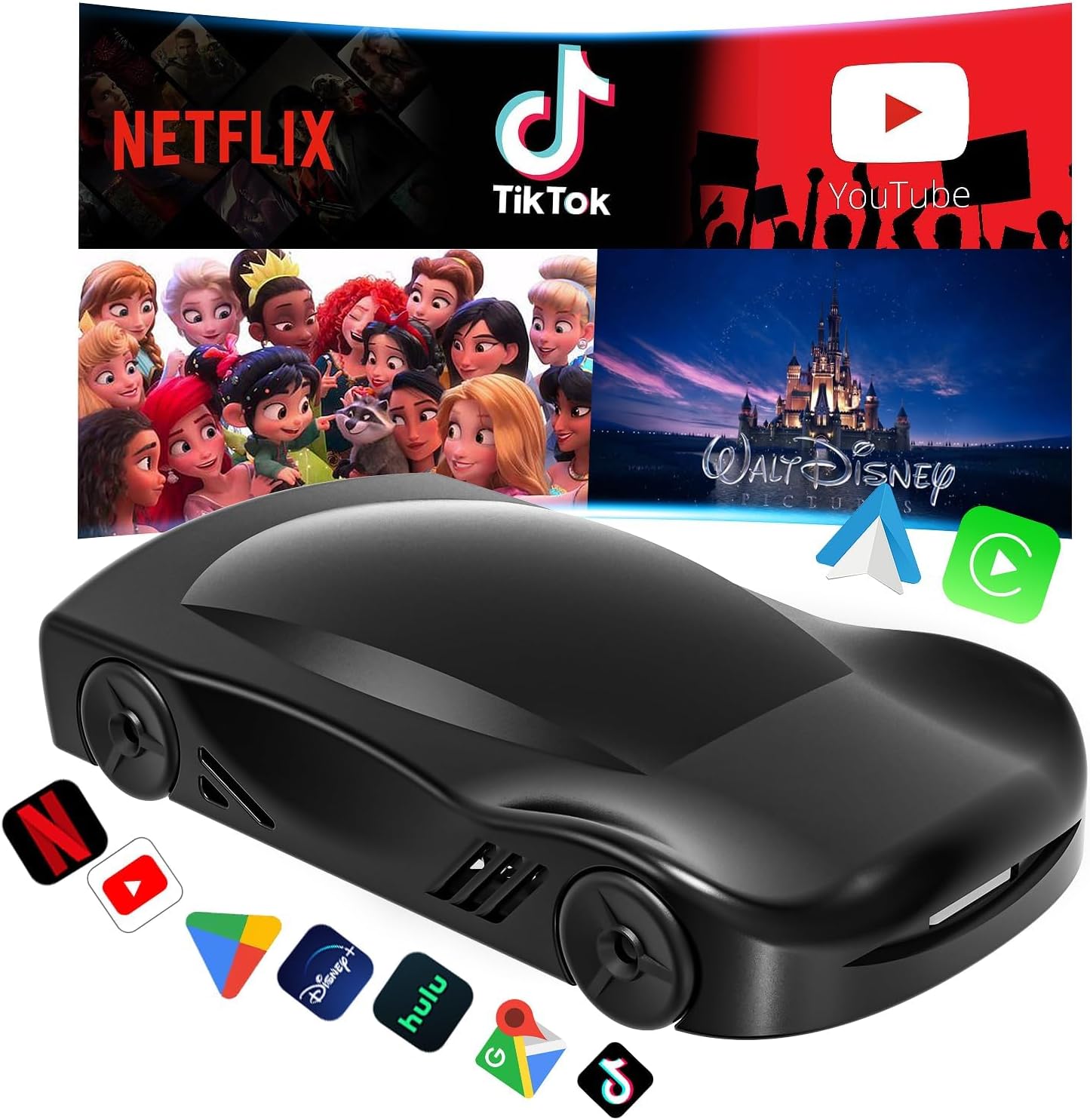 Wireless Carplay Adapter, Wireless CarPlay and Android Auto Built in Disney+ Netflix YouTube TikTok, Support TF Card, Mirror Link, 5GHz, No Delay, Plug and Play for OEM Wired CarPlay Cars