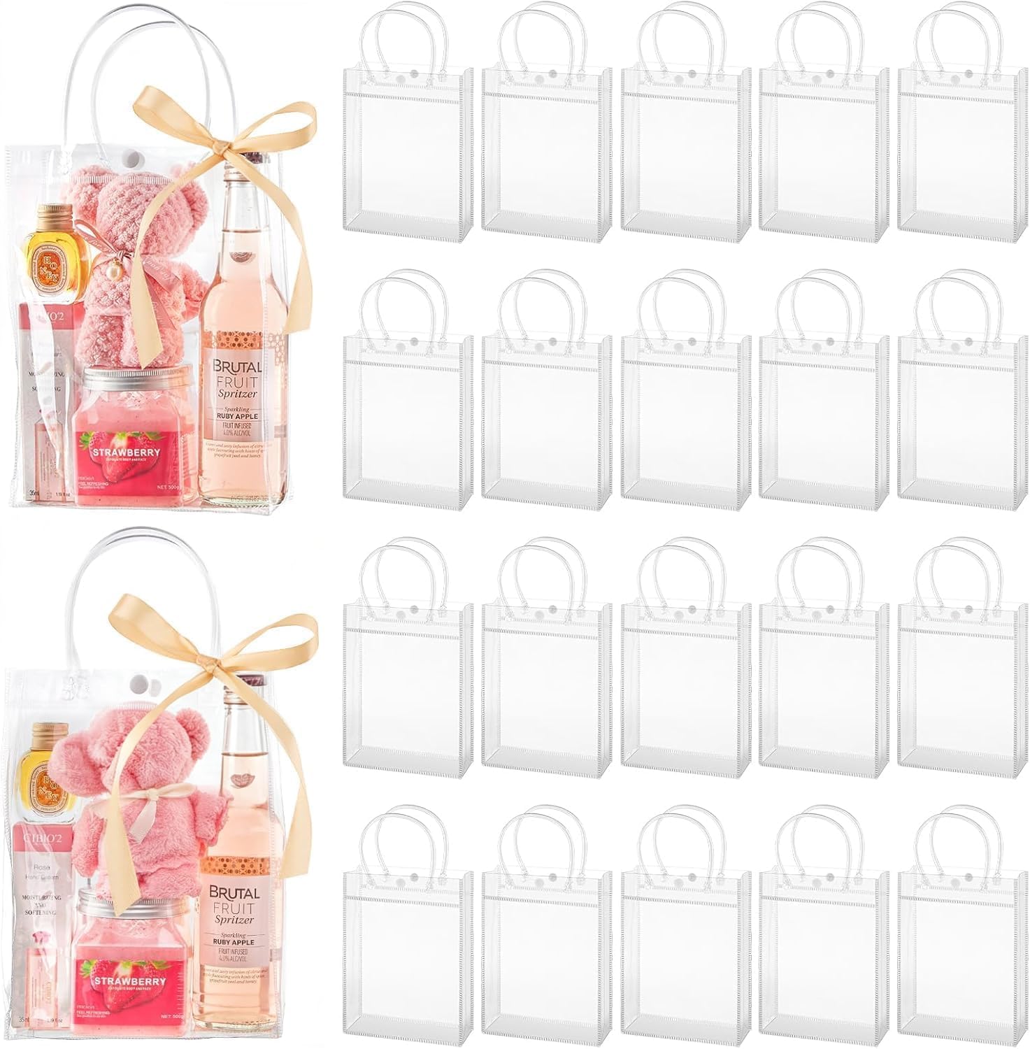 mauproy Paquete de 50 bolsas de regalo de plástico transparente con asas, bolsas de recuerdo de fiesta con cintas y etiquetas, bolsas de regalo reutilizables para bodas, baby shower (6.7 x 9.1 x 2.8