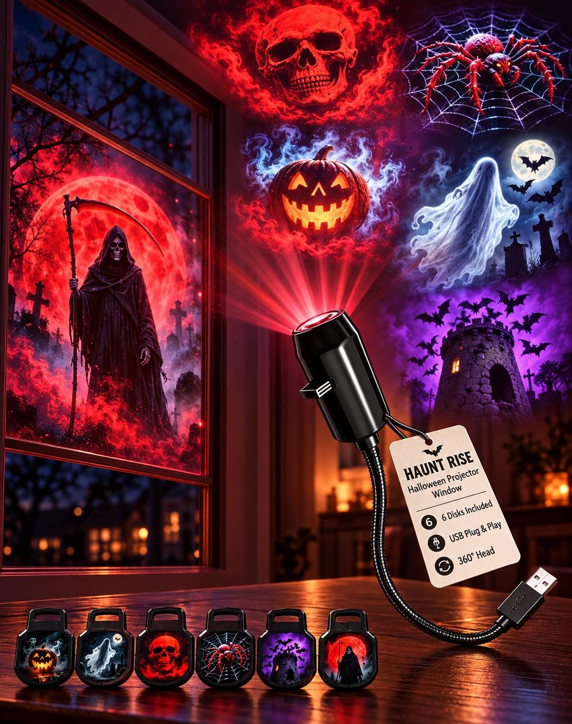 Haunt Rise Projector, Halloween Projector Window with 6 Disks