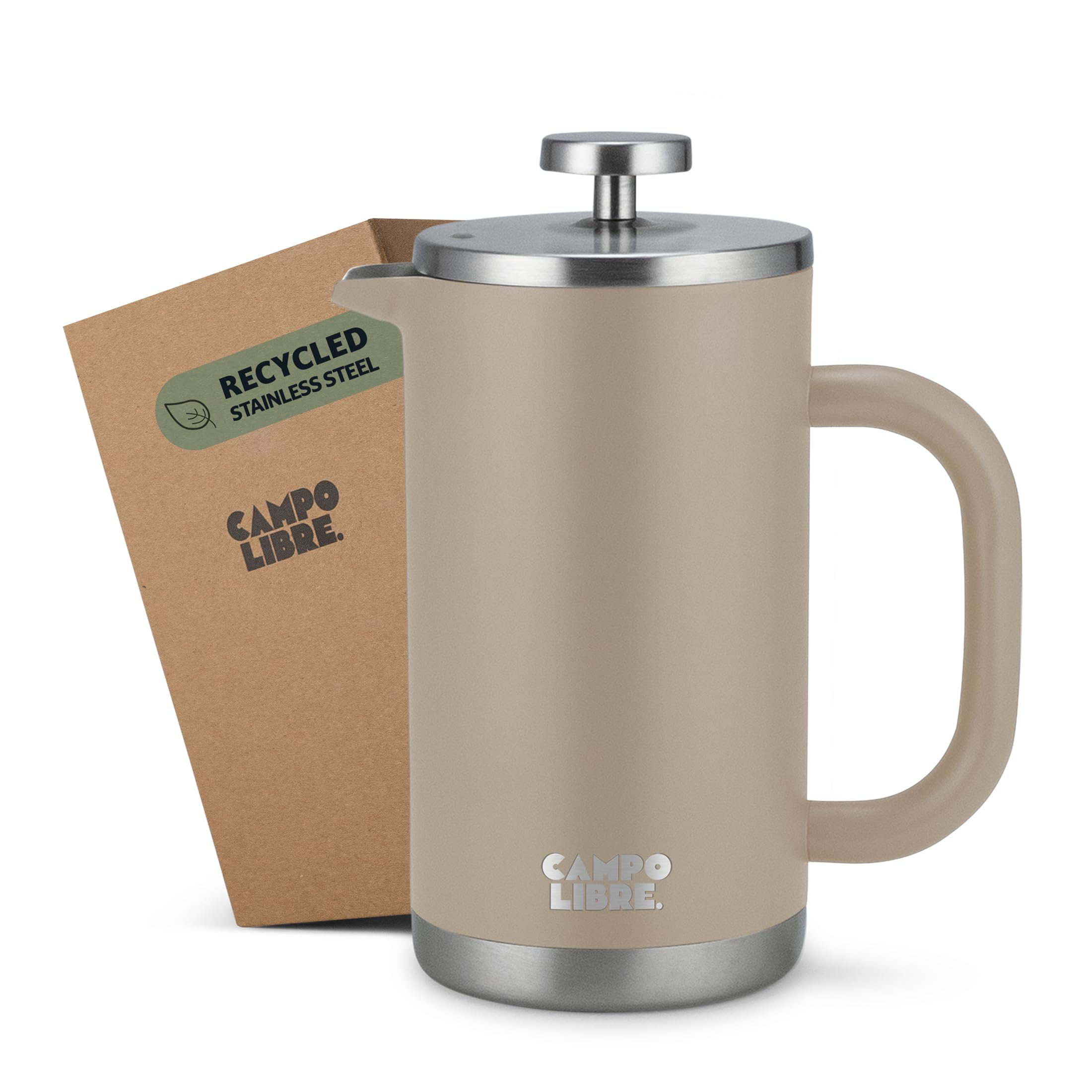 Campo Libre.® Giorgio. French Press, Coffee Press – 600ml Stainless Steel Cafetiere, Double-Wall Insulated, Plastic-Free, Thermal Coffee Maker with Spare Filter – Dishwasher safe - Recycled Steel.