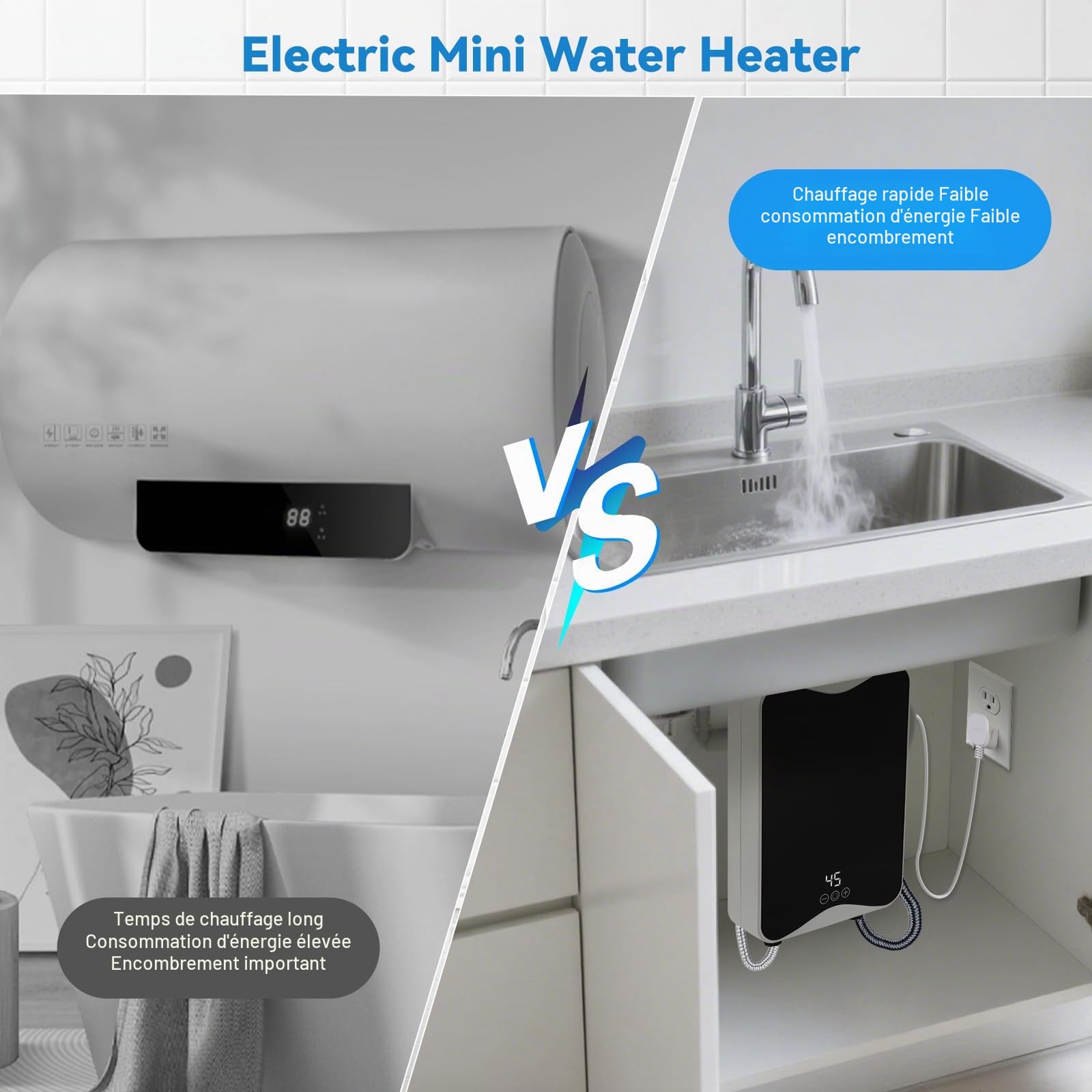 Chauffe-eau électrique 5500 W 230 V avec indicateur de température LED, 30 à 55 °C, mini chauffe-eau électrique instantané, étanche IPX4 pour douche, salle de bain, cuisine