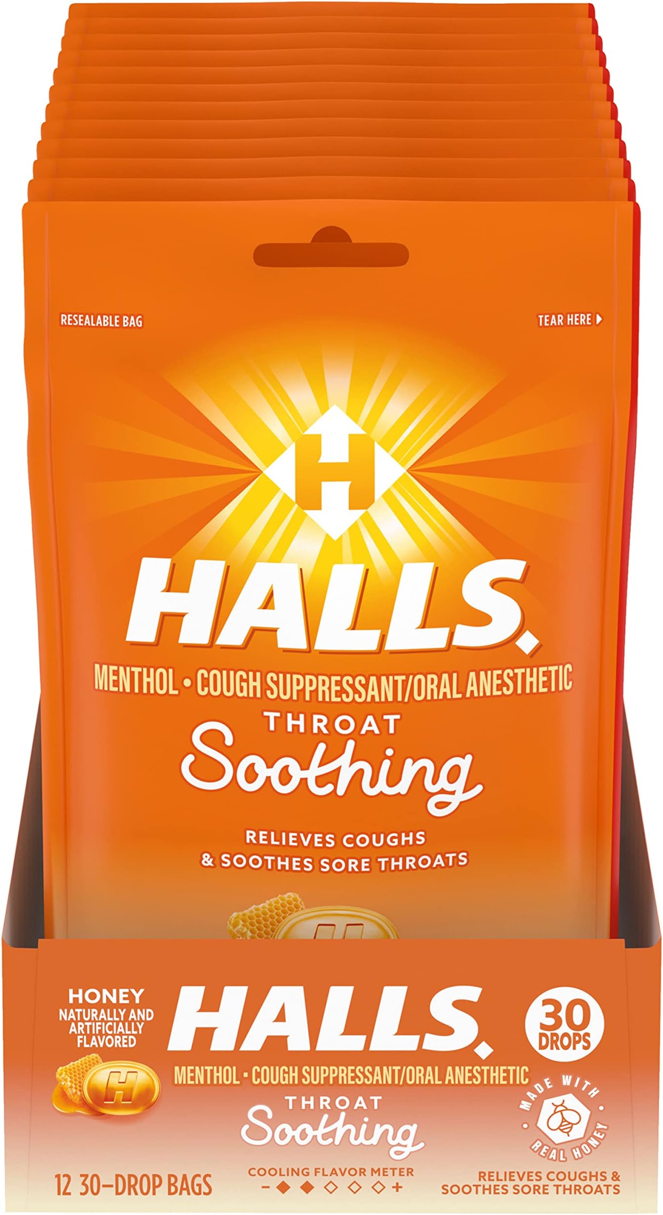 HALLS Throat Soothing Honey Flavor Cough Drops, 12 Bags of