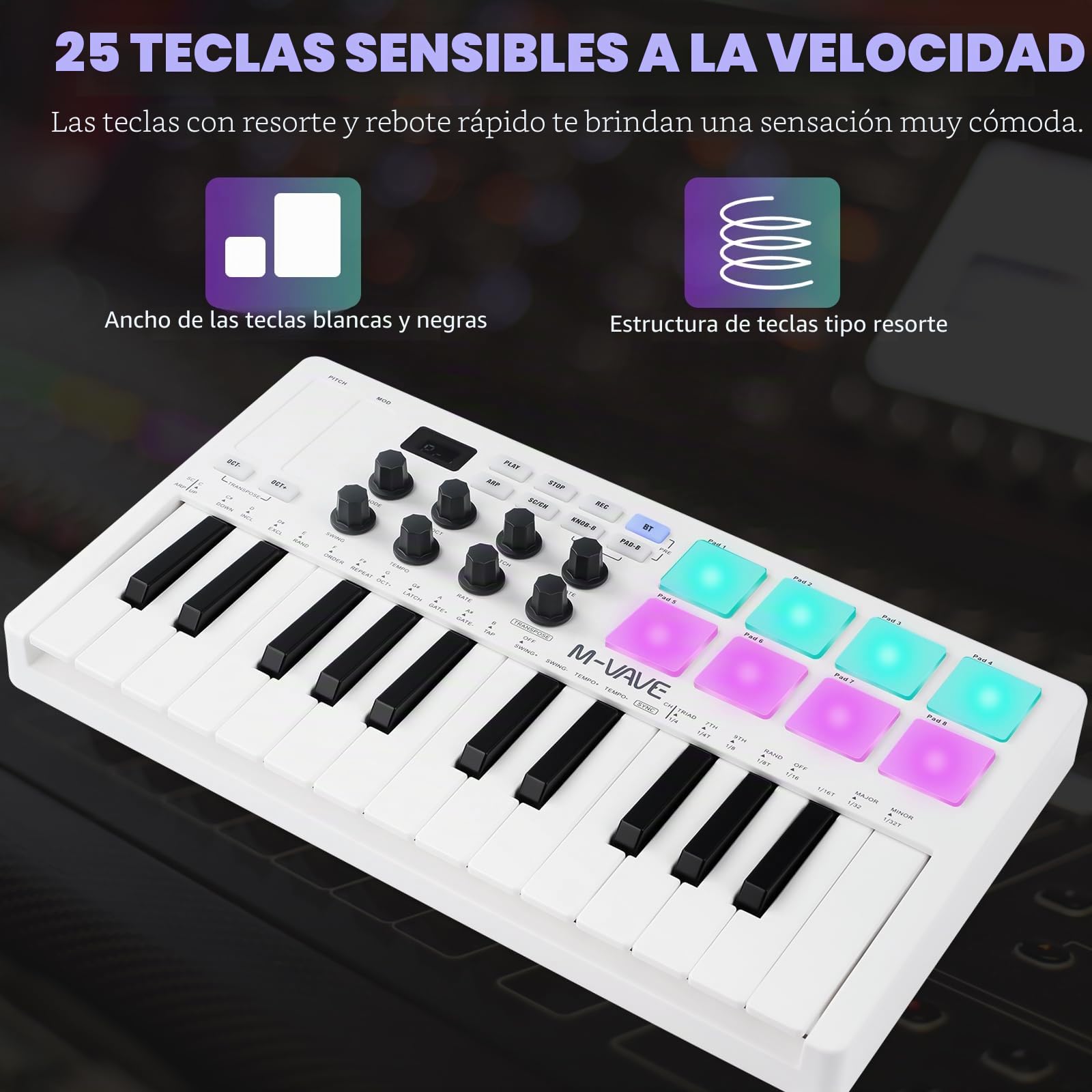 M-VAVE Controlador Midi, Musik-Arrangement Keyboard Mini 25 Teclas MIDI Electrónico Controller Pad Batería Incorporada SMK-25 Blanco
