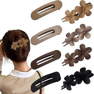 8Pcs Flat Hair Claw Clips, French Concord Flat Hair Clips for Women Girls, 2 Styles Beach Party Strong Hold Claw Clips, Matte Flower Hair Clips for Thick Thin Curly Straight Hair Accessories(Brown)