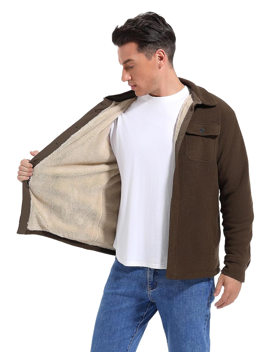 Puhope Jaqueta masculina de lã polar com forro de sherpa quente para homens, jaqueta grossa de botões com vários bolsos em promoção! Veja a oferta e mais achadinhos de Jaquetas & Casacos 4 Hoje é o melhor dia para comprar Puhope Jaqueta masculina de lã polar com forro de sherpa quente para homens, jaqueta grossa de botões com vários bolsos com aquele preço maroto! Promoção! Aproveite a oferta! 4