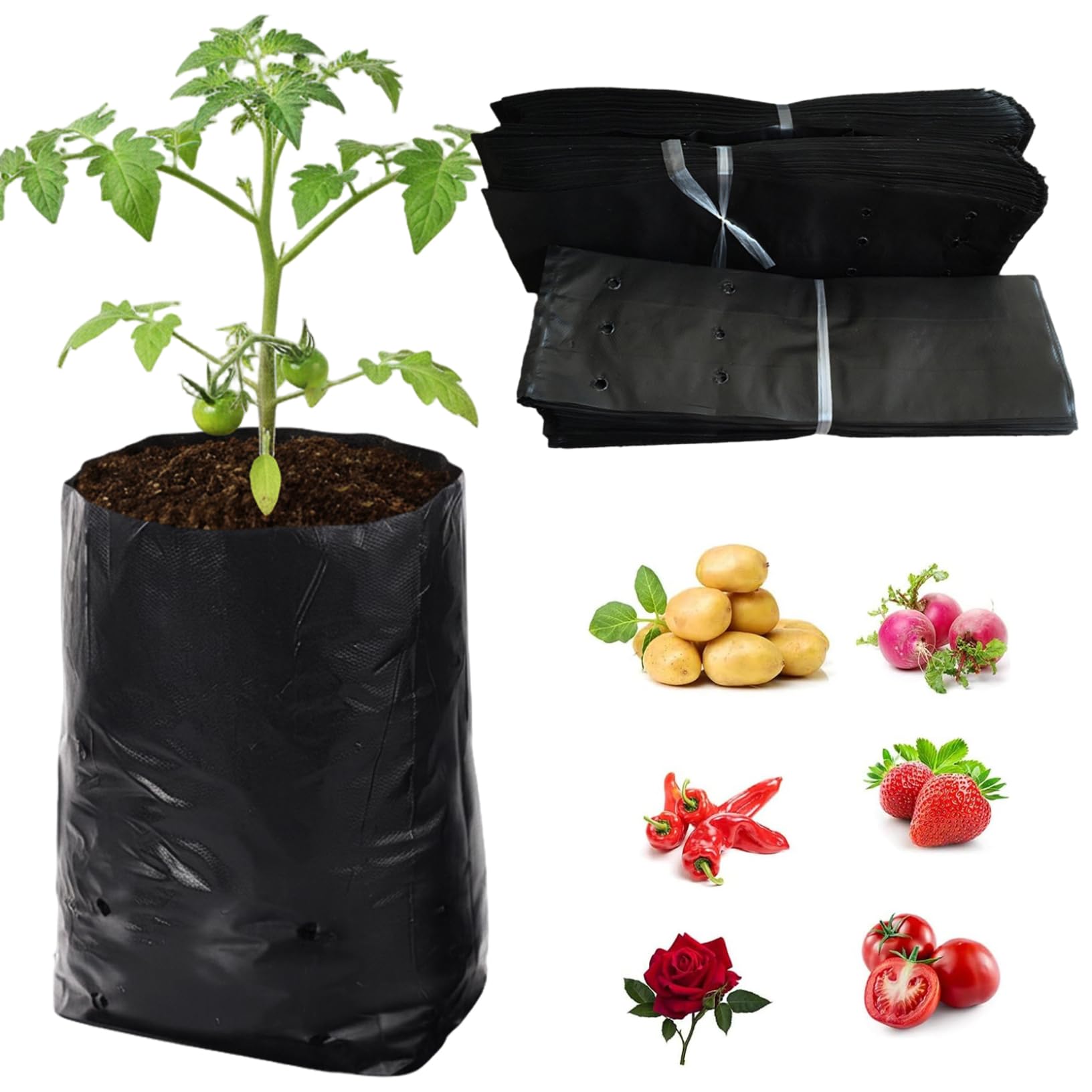 Wilafury 100Pcs Plant Grow Bags, Thickened PE Seedling Bag with Drainage Holes, Reusable Nursery Bags for Vegetables, Flowers & Herbs, Black