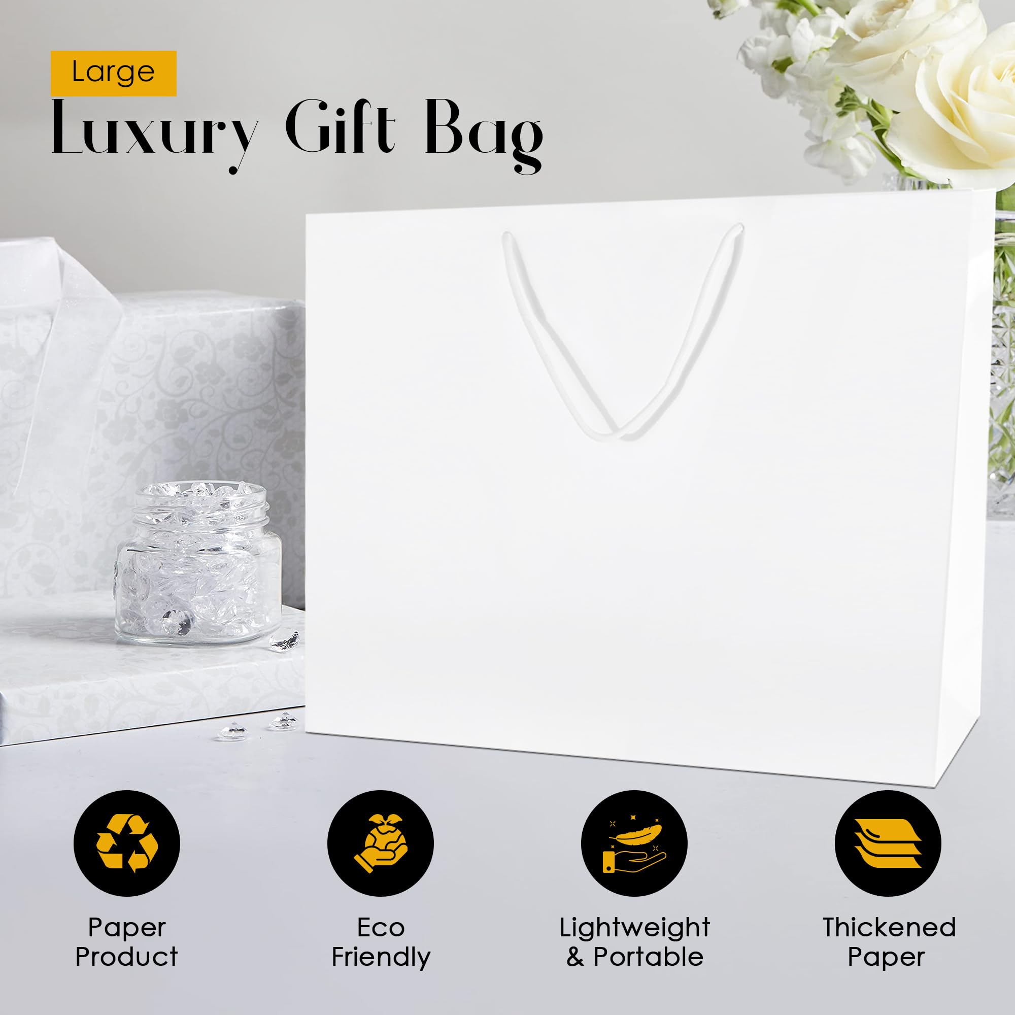 Thepaperbagstore 30× sacs cadeaux blancs grands laminés brillants 41 × 32 × 13 cm – sacs en papier 250 g/m² avec poignées en corde et fond renforcé – pour cadeaux, mariages et événements