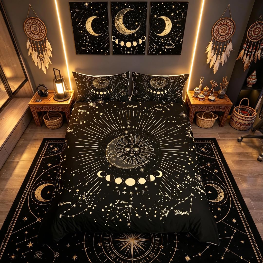 Homemissing Sun and Moon Printed Duvet Cover Boho Exotic Decor Bedding Set for Kids Boys Girls Galaxy Astrology Bedding & Linen Bohemian Tribal Black Quilt Cover with 2 Pillowcases 3Pcs Bedding King