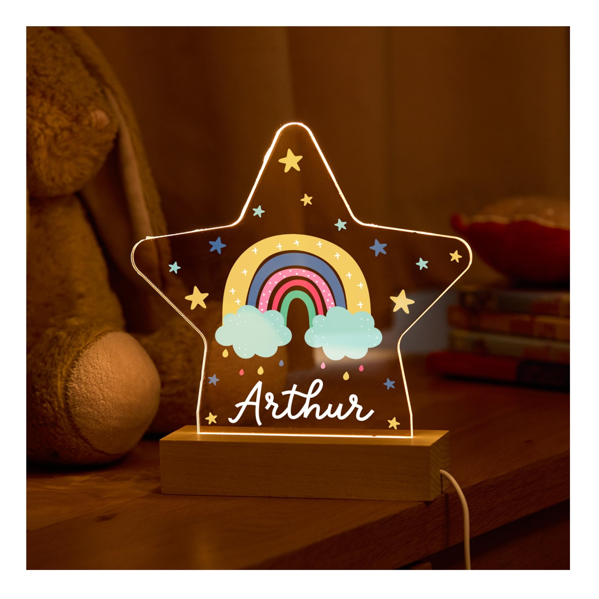 Pomchick Personalised Star Night Light Custom Name LED Lamp Rainbow Cloud Gift for Kids Nursery Bedroom Baby Room Nightlight Christening Birthday