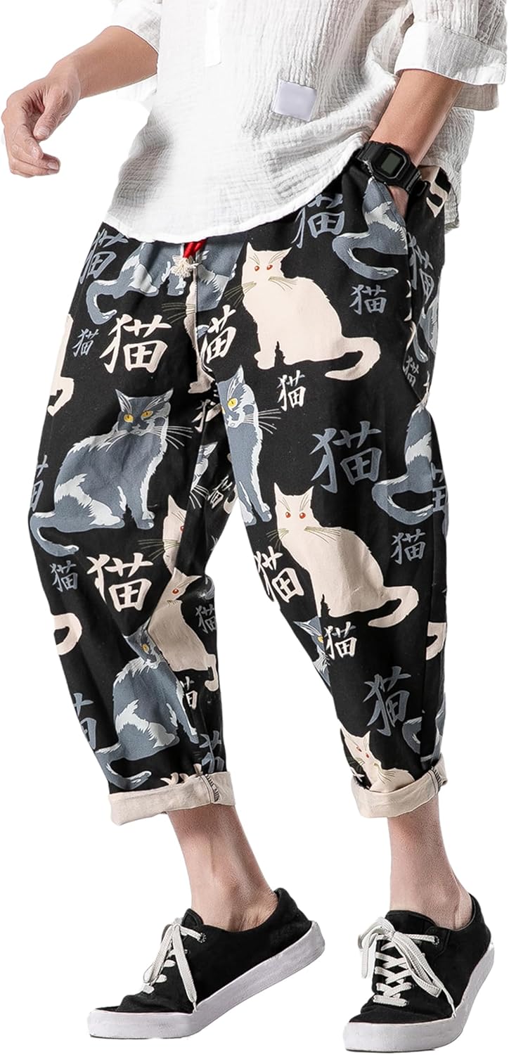 PRIJOUHE Men's Casual Capri Pants Elastic Waist Wide Leg Loose Baggy Harem Pants Breathable Summer Beach Pant - Image 5