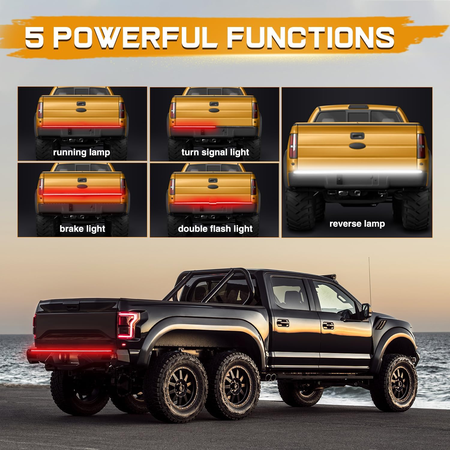 60 Inch LED Truck Tailgate Light Strip Quad Row Bed Tail Light 5 Function Red Brake, White Backup Reverse, Red Turn Signal Strobe Light for Pickup Trucks SUV RV Van Dodge Ram