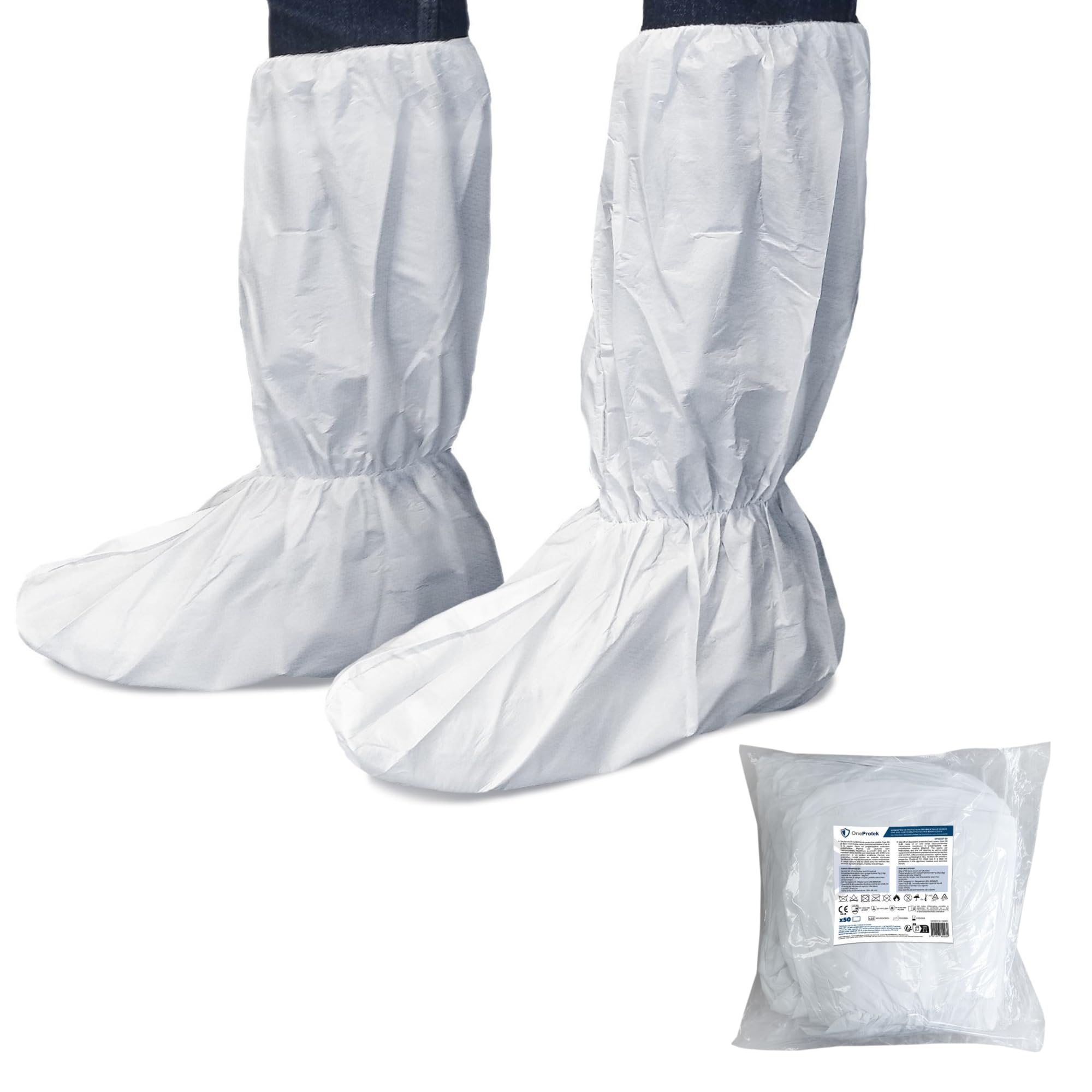 50 Surchaussures jetables OneProtek - Lot de 25 paires de Couvre Bottes, Respirantes, Protection et Maintien élastique confortable - Taille Unique, Blanc