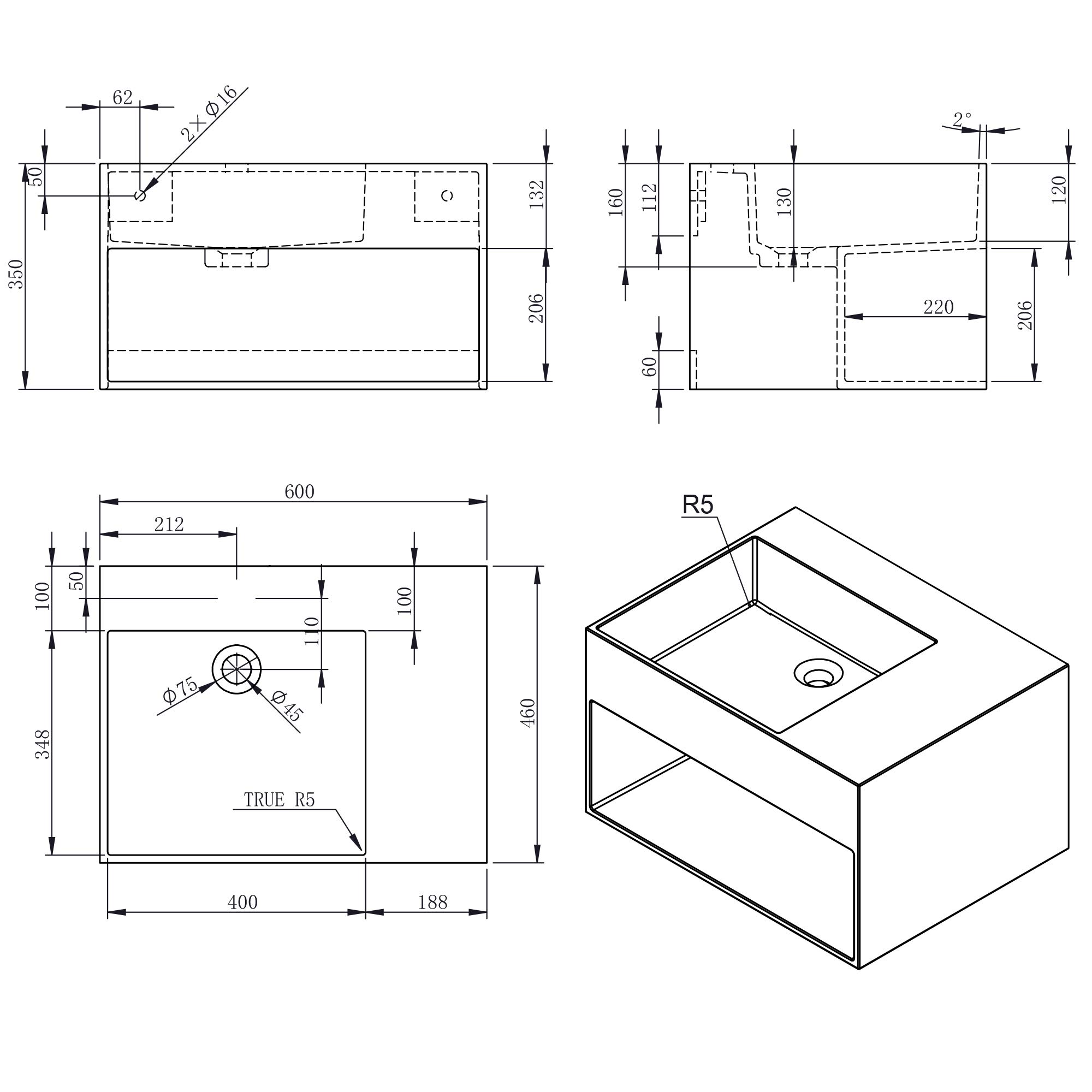 BERNSTEIN - Vasque Lavabo Rectangulaire suspendu fonte minérale Lave main mural Blanc mat 60x46x35cm + Etagère & Bonde pop-up noire - Design, Robuste & Durable - PB2158
