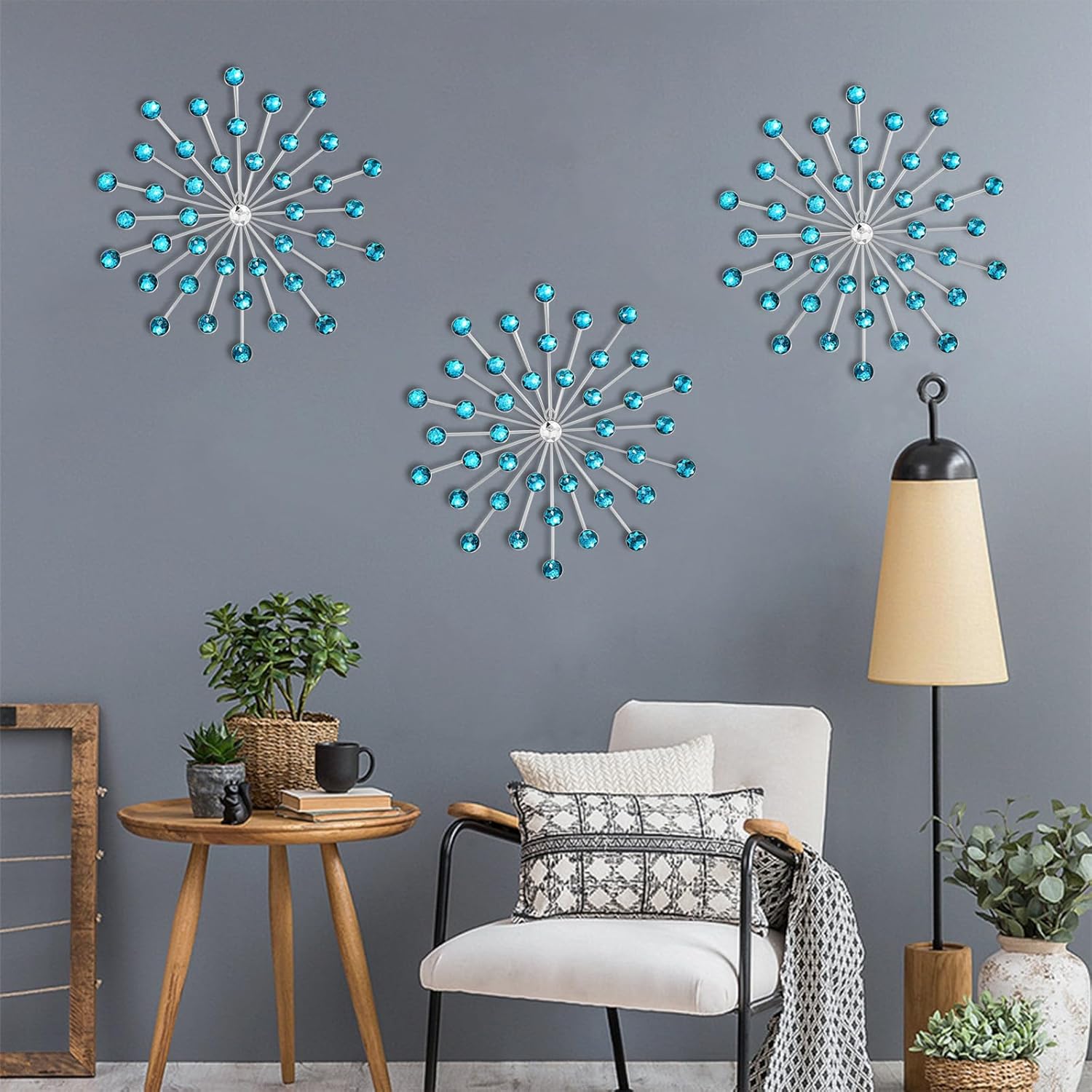 DXYAKY Set of 3 Blue Metal Starburst Wall Art Decor, Rhinestone Crystal Home Decor Accents, 9.8 Inch Decorative Wall Hanging Diamond, Jeweled Sparkle Wall Sculptures for Living Room Bedroom - Image 2
