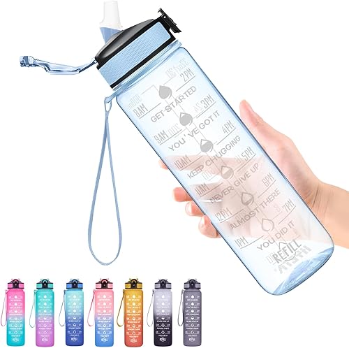 Miniatura 16 de Hyeta - Botellas de agua de 32 onzas con tiempos para beber y sorbete, botella de agua motivacional con marcador de tiempo, a prueba de fugas, Verde