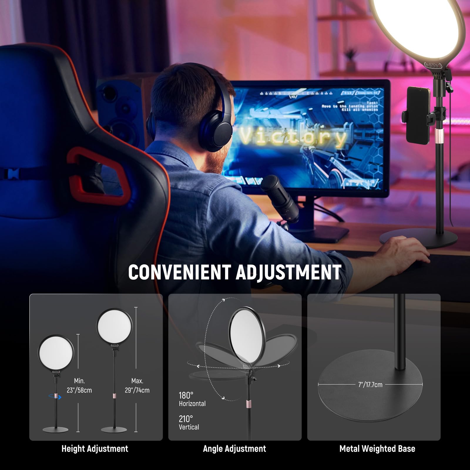 NEEWER Basics 10,5" lampka na biurko w stojak/uchwyt na telefon/timer, Full Screen 15 W przyciemniany panel LED do selfie oświetlenie do nagrywania iPhone streaming, laptopa, kamera internetowa, wideo