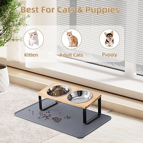 Miniatura 6 de Cuencos elevados mejorados para gatos con tapete para alimentos, soporte inclinado de 15 , platos elevados para gatos y agua, 2 cuencos de acero